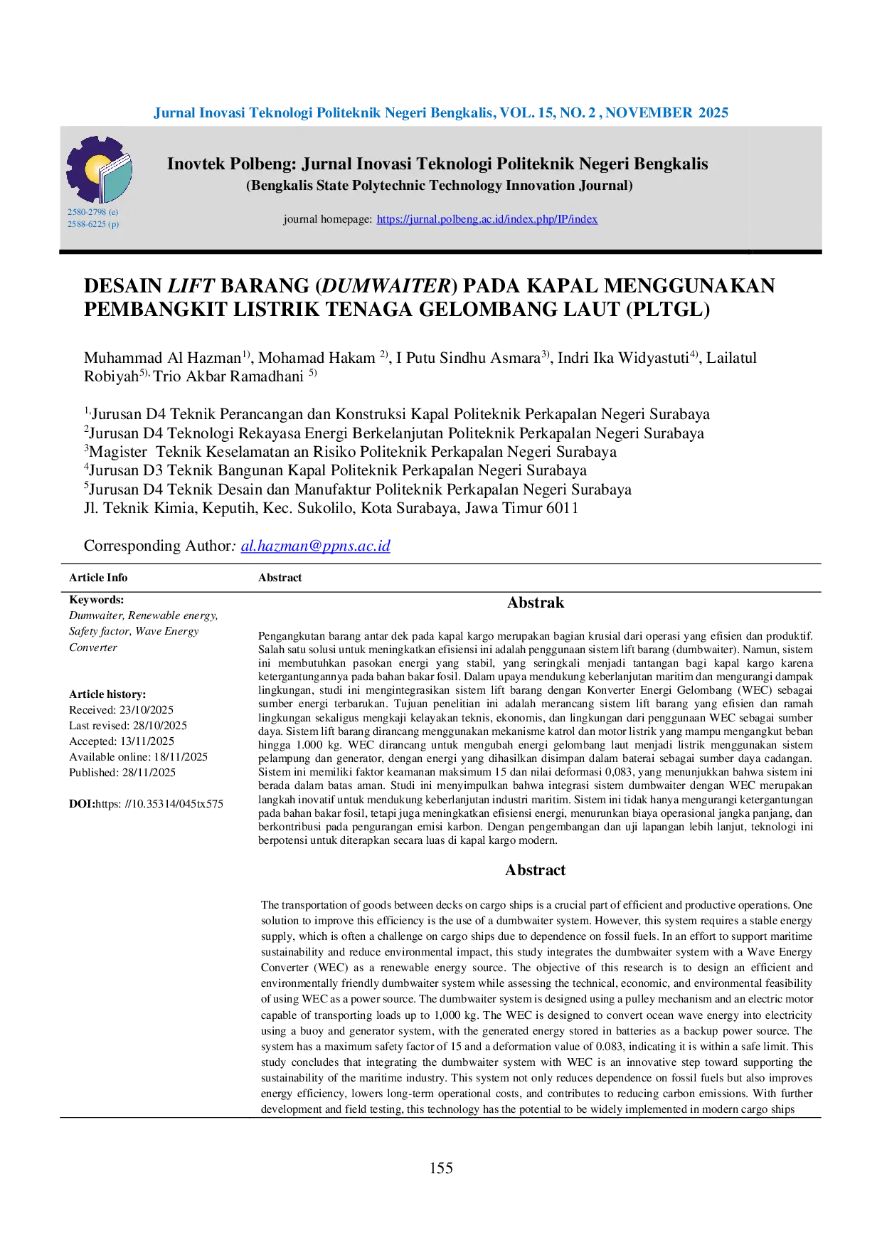 JURIS Desain Lift Barang Dumwaiter Pada Kapal Menggunakan Pembangkit Listrik Tenaga Gelombang Laut PLTGL