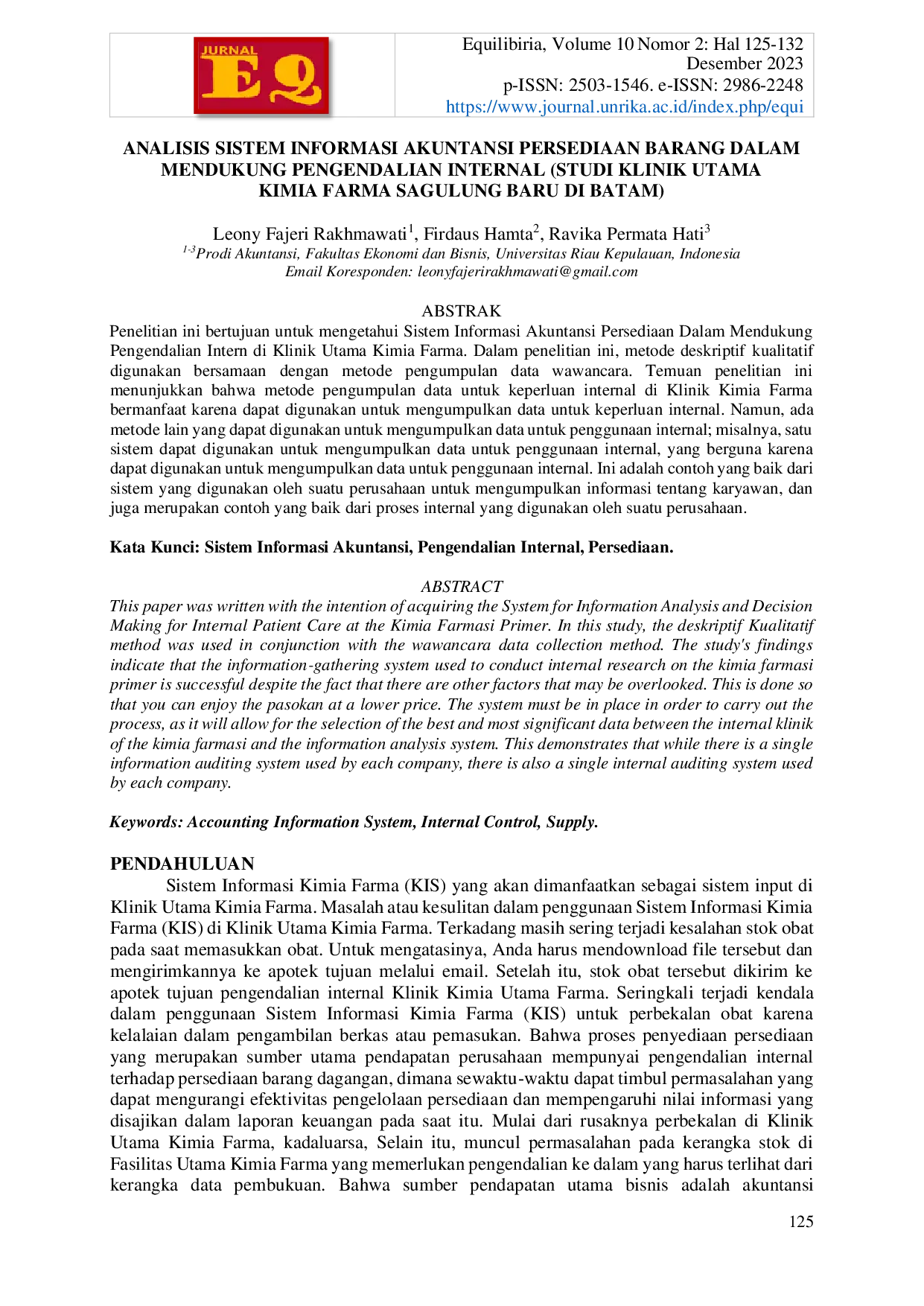 JURIS Analisis Sistem Informasi Akuntansi Persediaan Barang Dalam Mendukung Pengendalian Internal Studi Klinik Utama Kimia Farma Sagulung Baru Di Batam