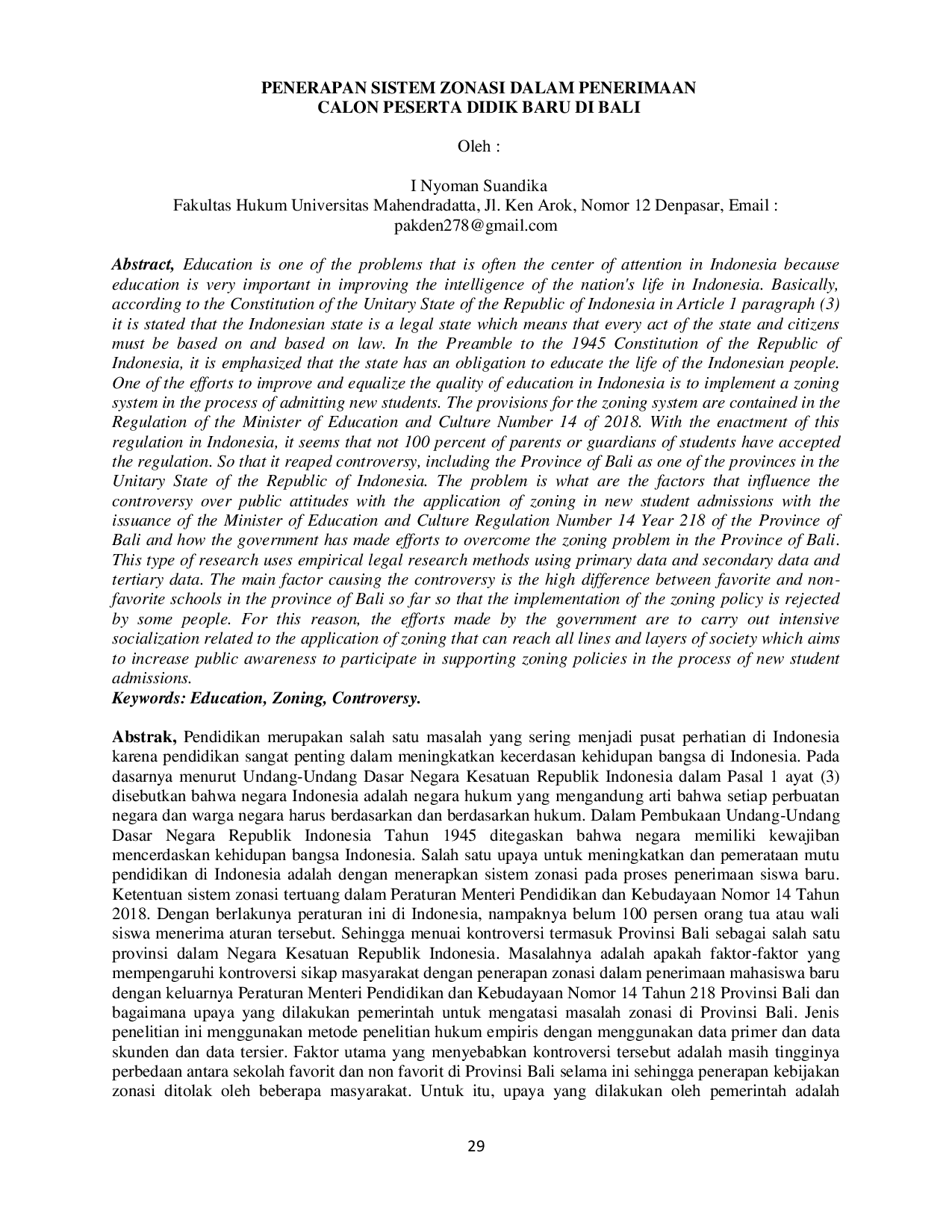 JURIS Penerapan Sistem Zonasi Dalam Penerimaan Calon Peserta Didik Baru Di Bali