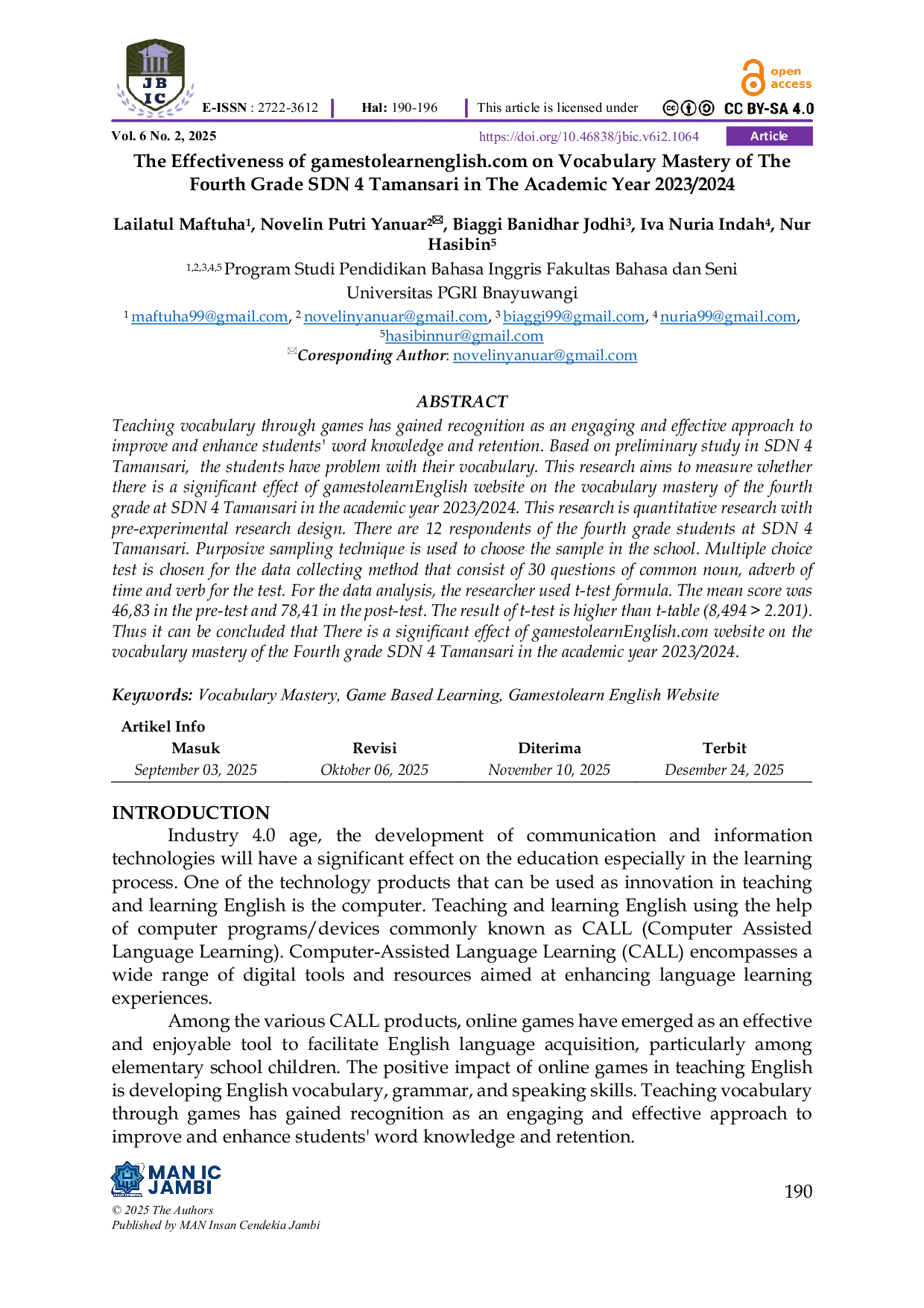 JURIS The Effectiveness of gamestolearnenglish on Vocabulary Mastery of The Fourth Grade SDN 4 Tamansari in The Academic Year 2023 2024