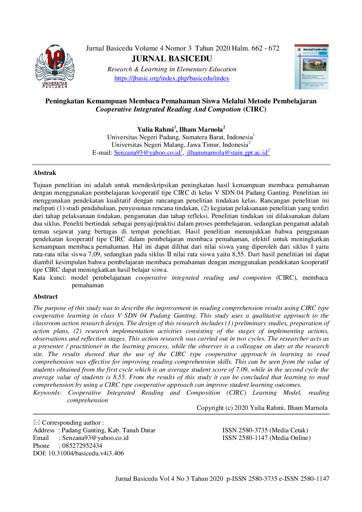 JURIS Peningkatan Kemampuan Membaca Pemahaman Siswa Melalui Metode Pembelajaran Cooperative Integrated Reading And Composition CIRC