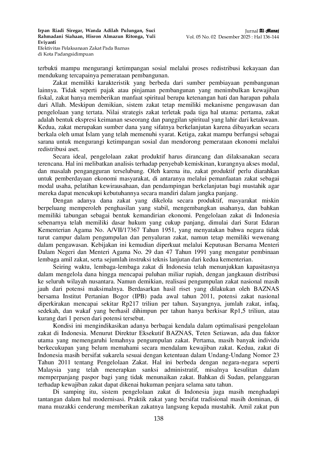JURIS Efektivitas Pelaksanaan Zakat Pada Baznas Di Kota Padangsidimpuan