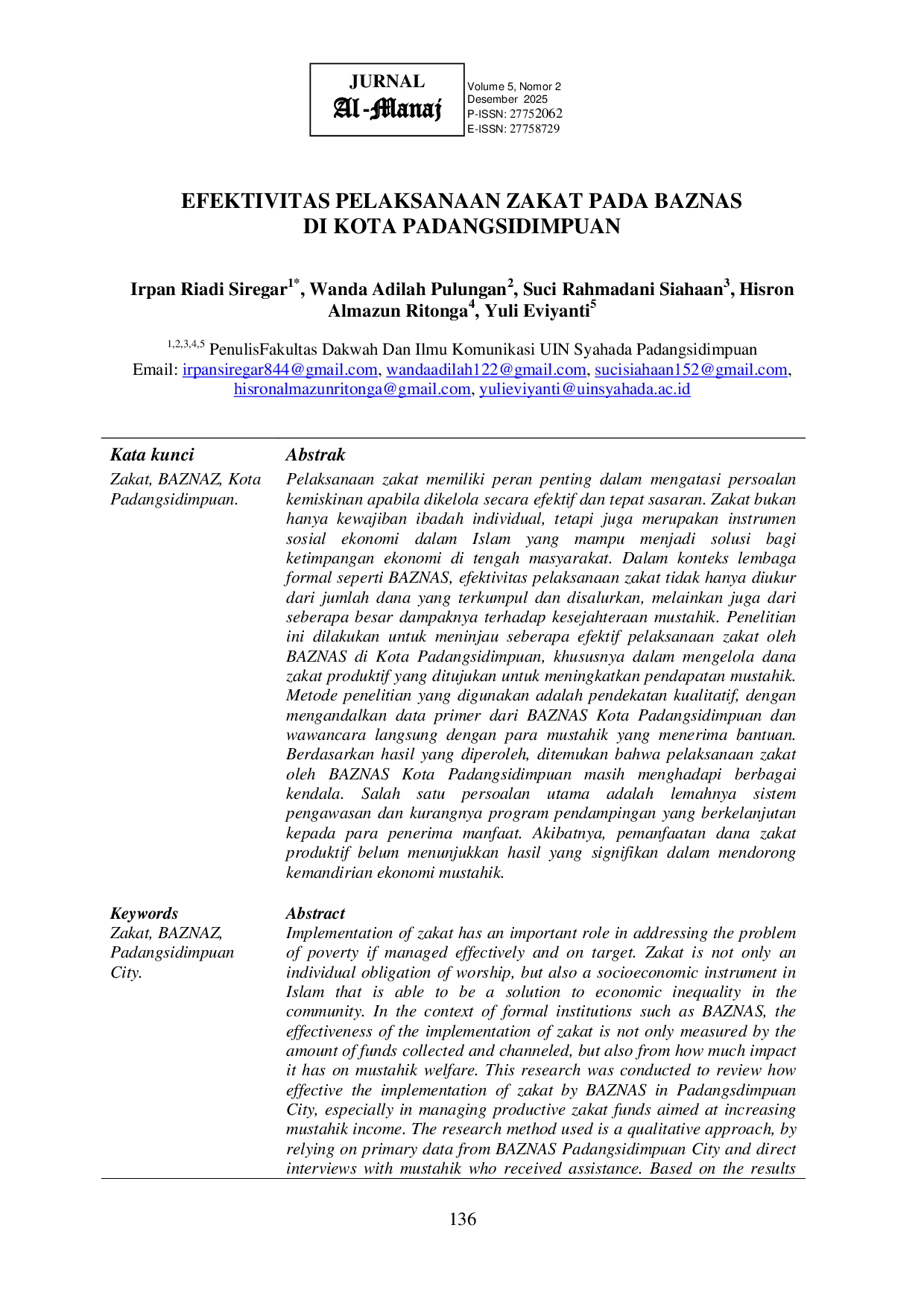 JURIS Efektivitas Pelaksanaan Zakat Pada Baznas Di Kota Padangsidimpuan