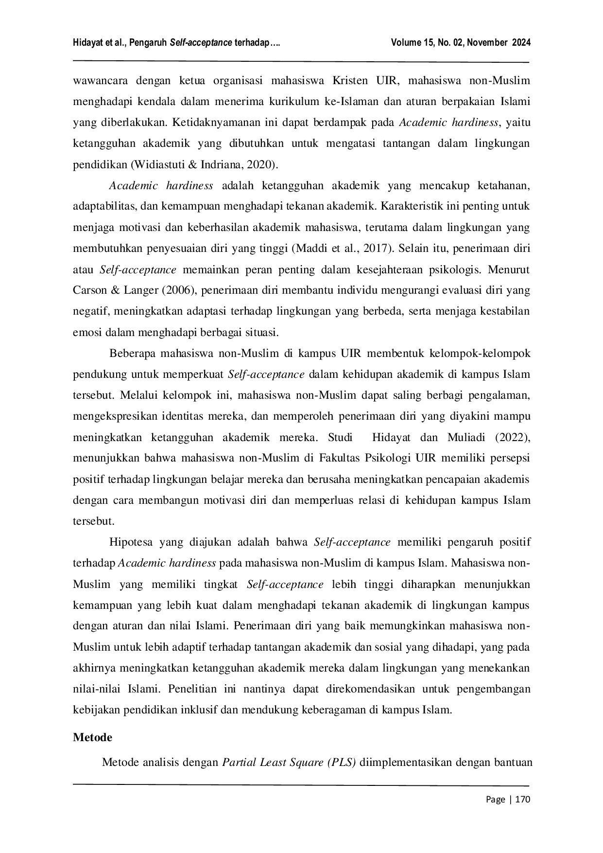 JURIS Pengaruh Self Acceptance Terhadap Academic Hardiness pada Mahasiswa Non Muslim di Kampus Islam