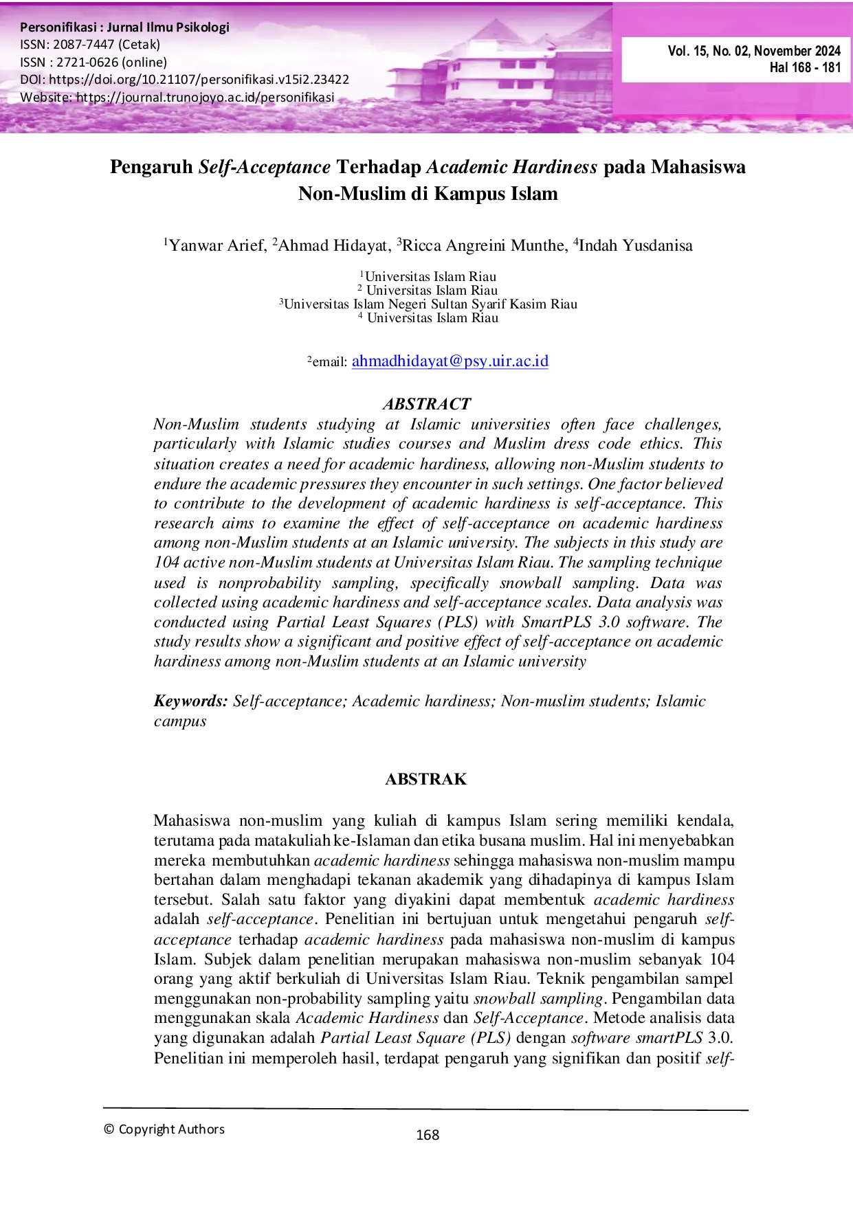 JURIS Pengaruh Self Acceptance Terhadap Academic Hardiness pada Mahasiswa Non Muslim di Kampus Islam
