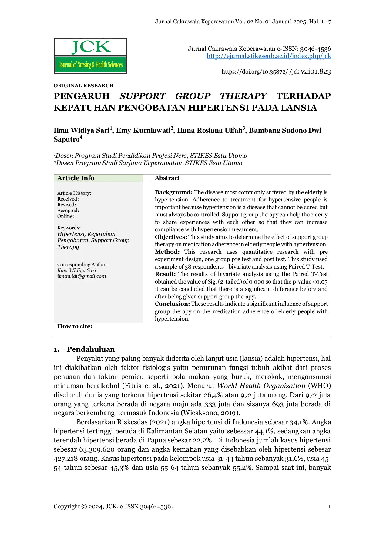 JURIS Pengaruh Support Group Therapy Terhadap Kepatuhan Pengobatan Hipertensi Pada Lansia