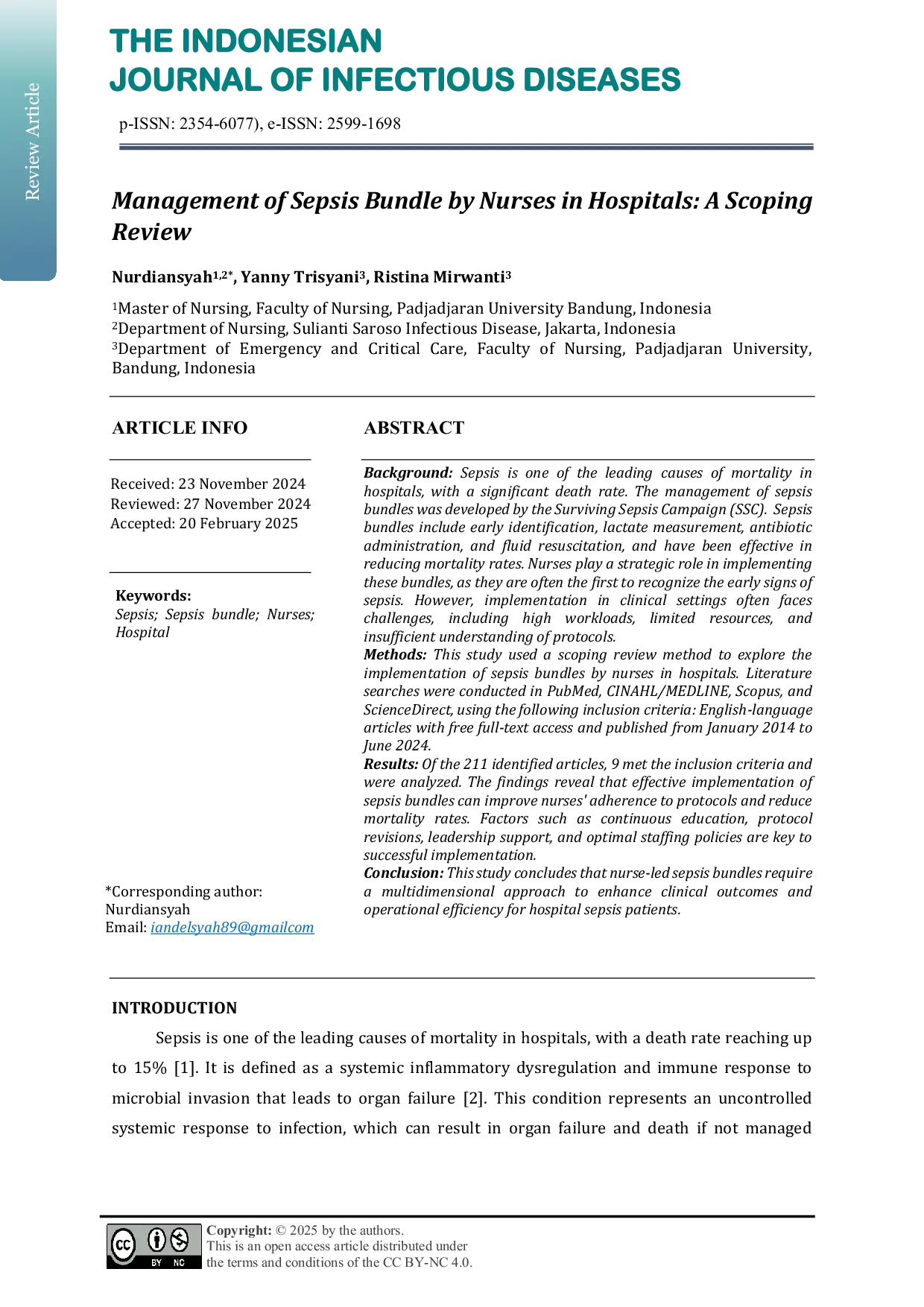 JURIS Management of Sepsis Bundle by Nurses in Hospitals A Scoping Review