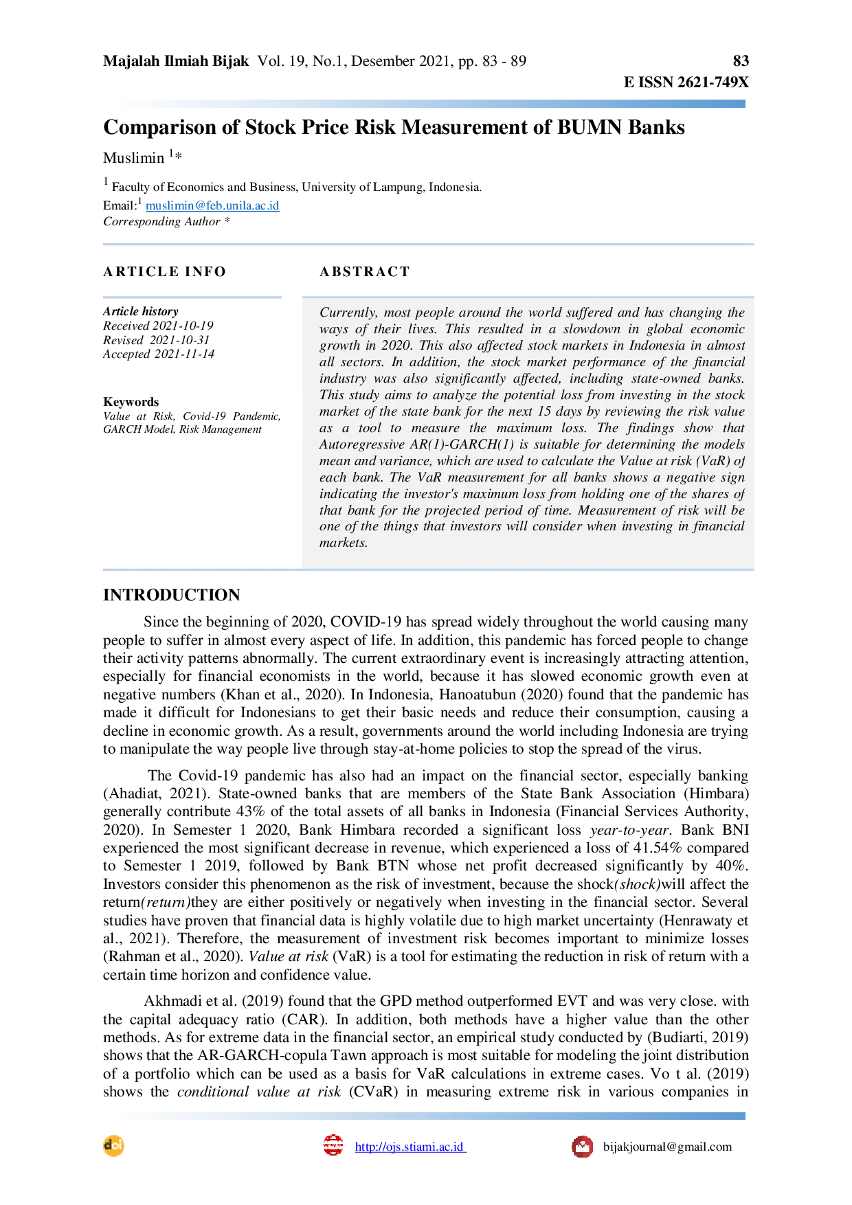 JURIS Comparison of Stock Price Risk Measurement of BUMN Banks