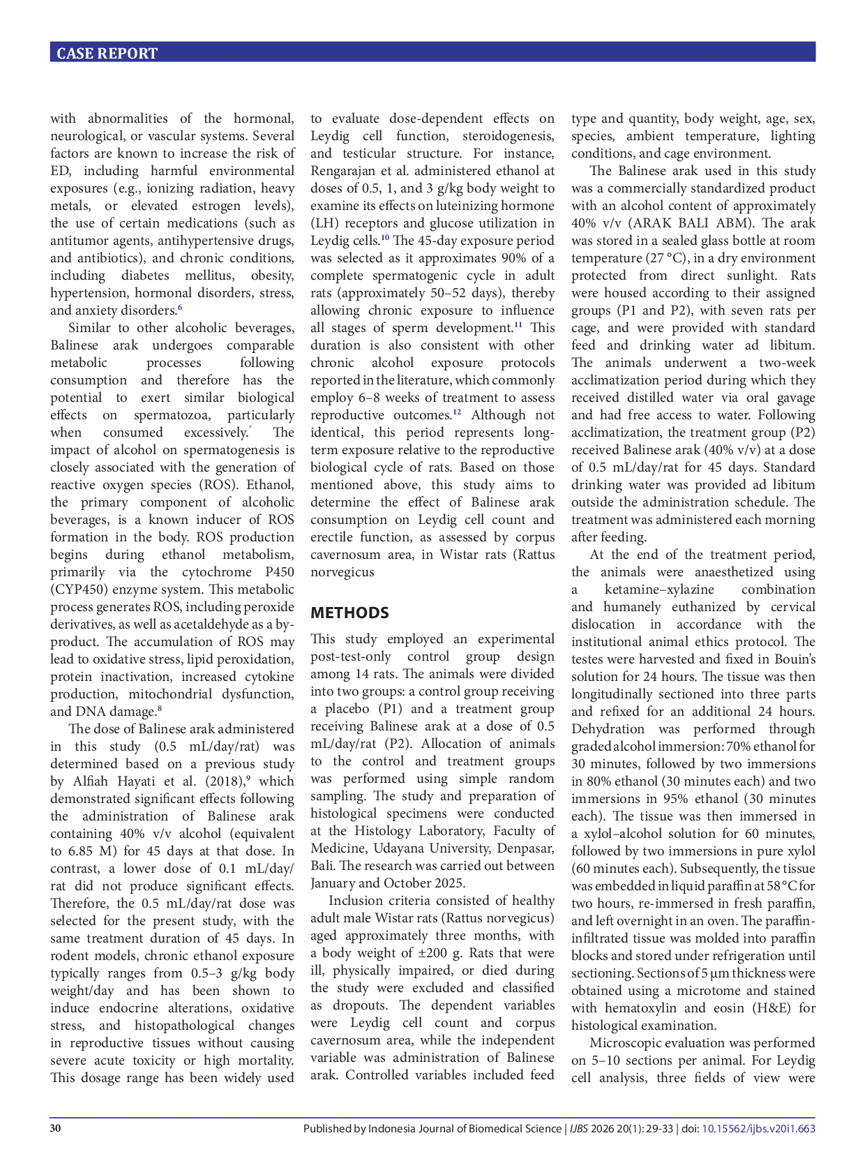 JURIS The effect of Balinese arak exposure on Leydig cell count and corpus cavernosum area in Wistar Rattus norvegicus rats