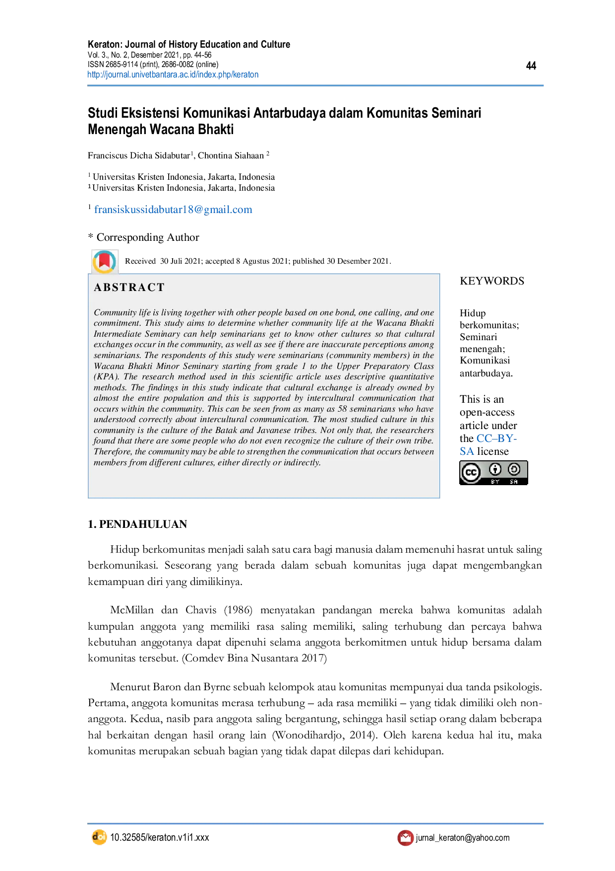 JURIS Studi Eksistensi Komunikasi Antarbudaya dalam Komunitas Seminari Menengah Wacana Bhakti