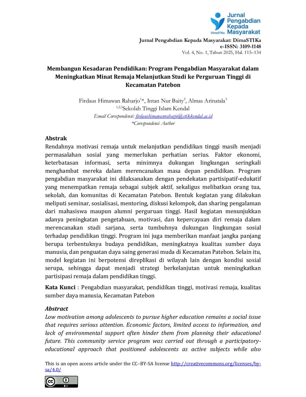JURIS Membangun Kesadaran Pendidikan Program Pengabdian Masyarakat dalam Meningkatkan Minat Remaja Melanjutkan Studi ke Perguruan Tinggi di Kecamatan Patebon