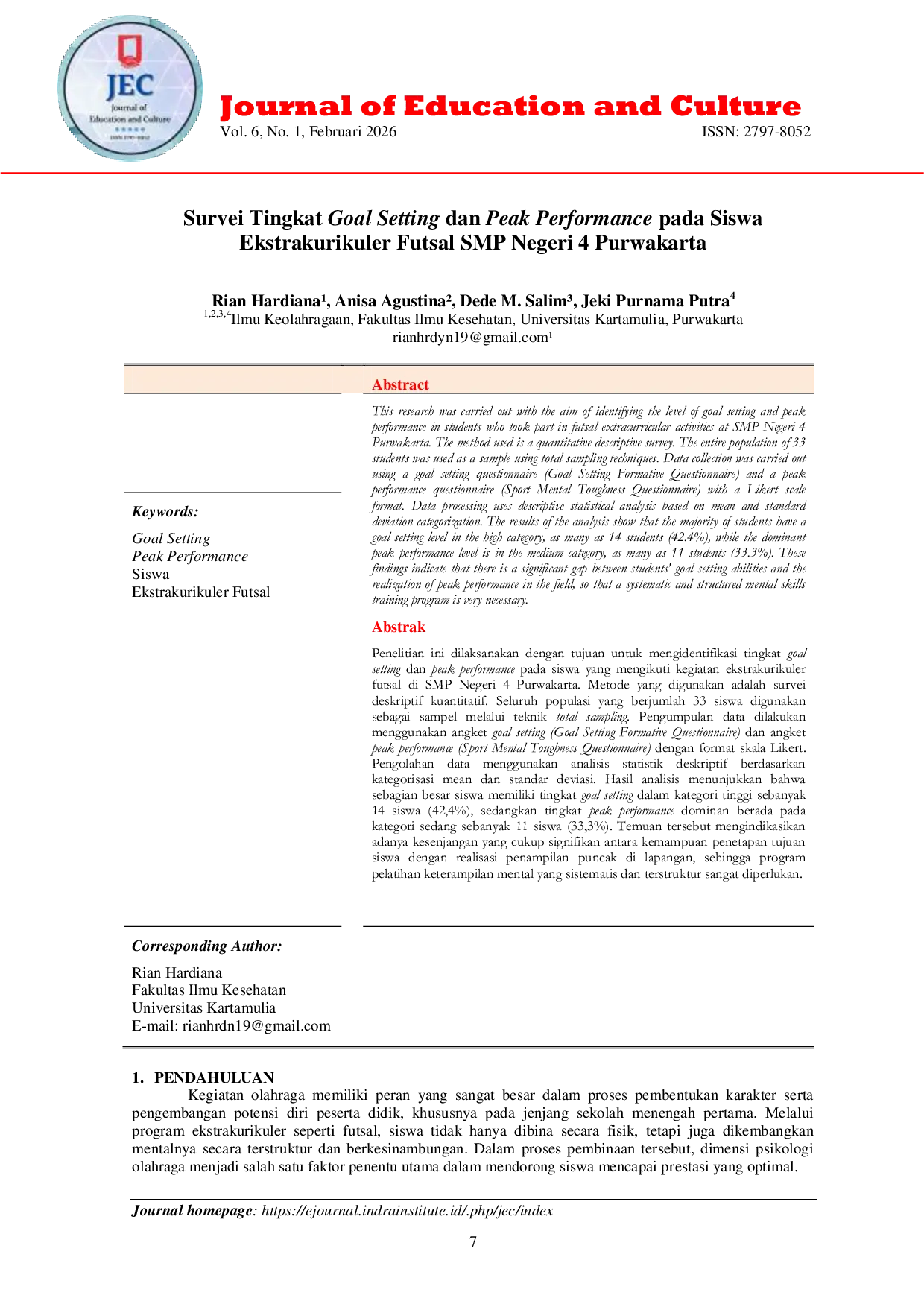 JURIS Survei Tingkat Goal Setting dan Peak Performance pada Siswa Ekstrakurikuler Futsal SMP Negeri 4 Purwakarta