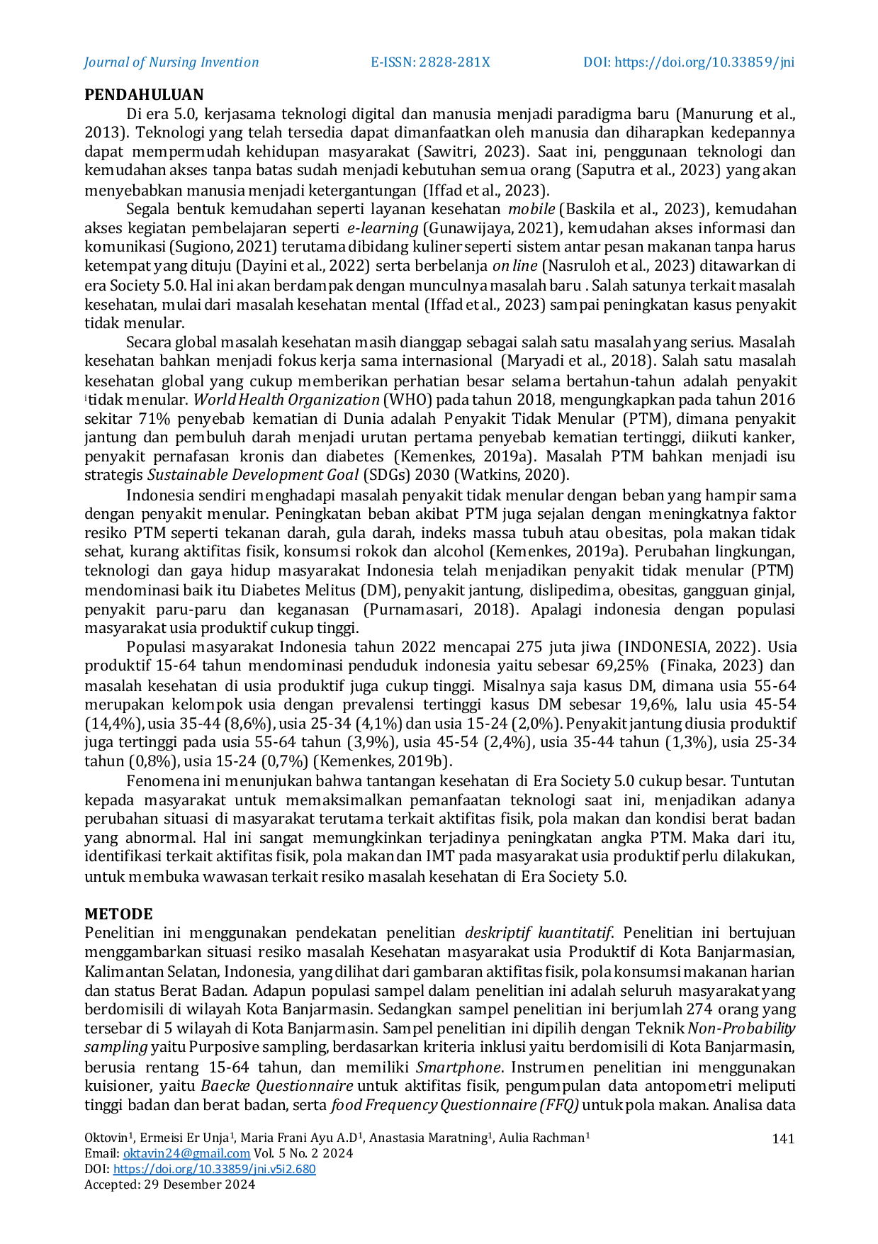 JURIS Resiko Penyakit Tidak Menular Pada Masyarakat Usia Produktif 15 64 Tahun Di Kota Banjarmasin di Era Society 5 0