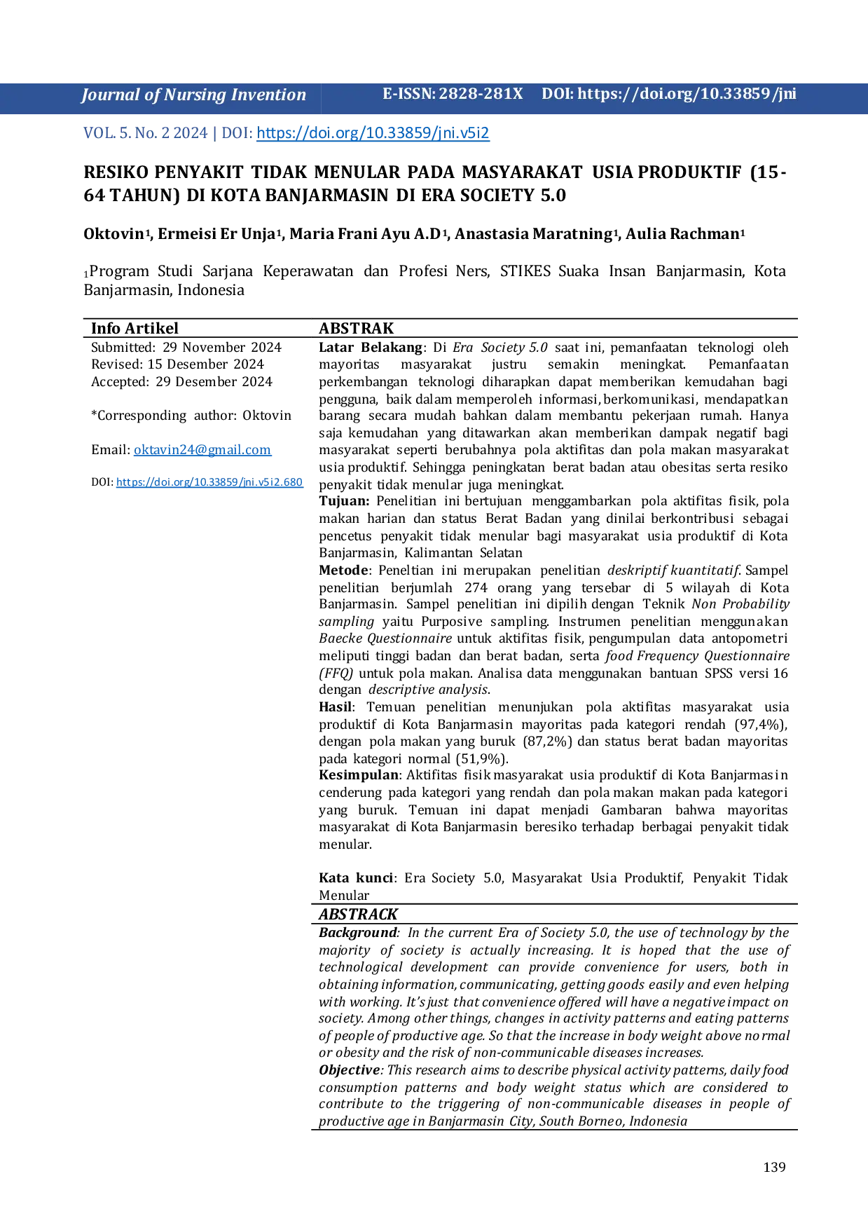 JURIS Resiko Penyakit Tidak Menular Pada Masyarakat Usia Produktif 15 64 Tahun Di Kota Banjarmasin di Era Society 5 0