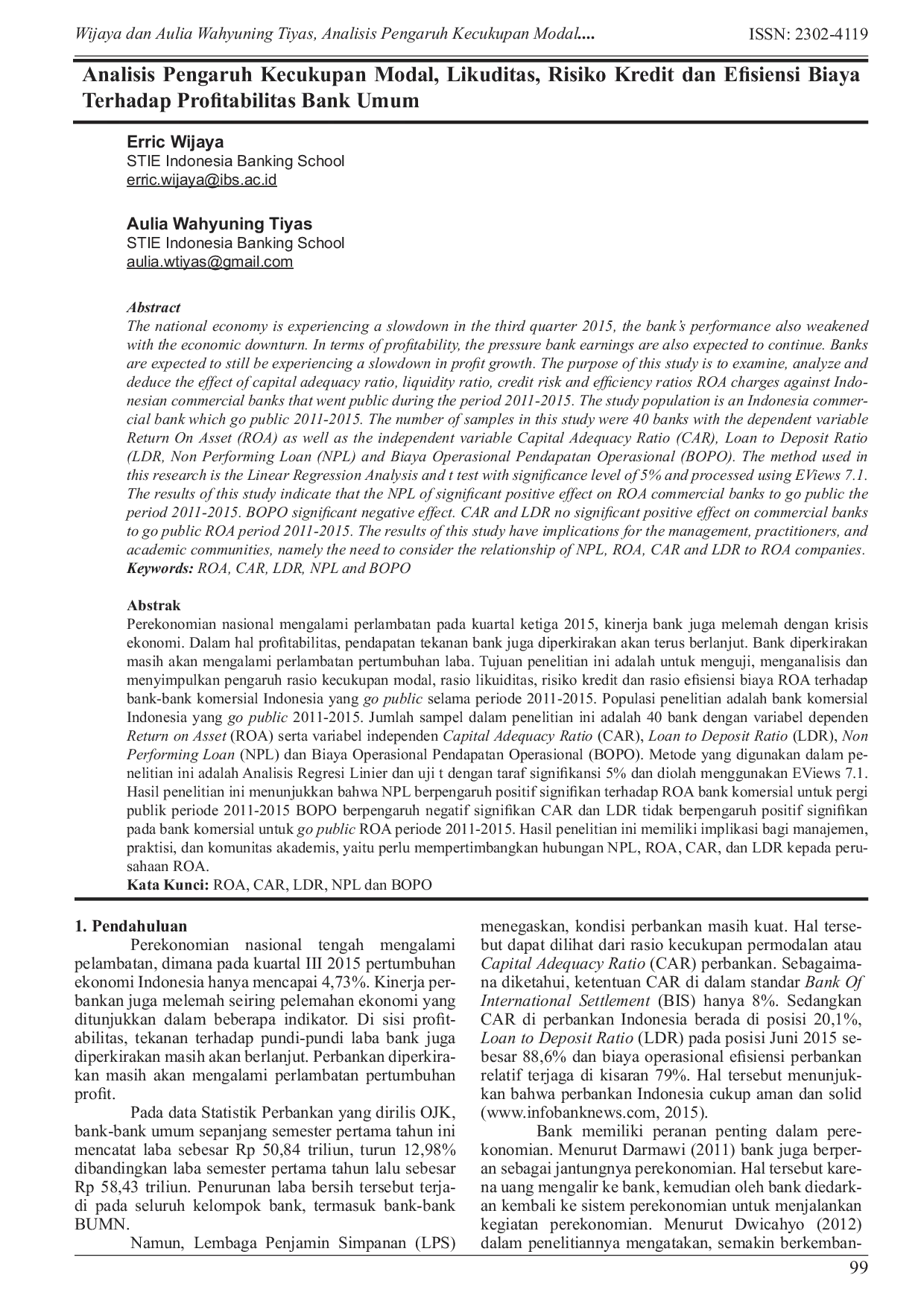 JURIS Analisis Pengaruh Kecukupan Modal Likuditas Risiko Kredit dan Efisiensi Biaya Terhadap Profitabilitas Bank Umum