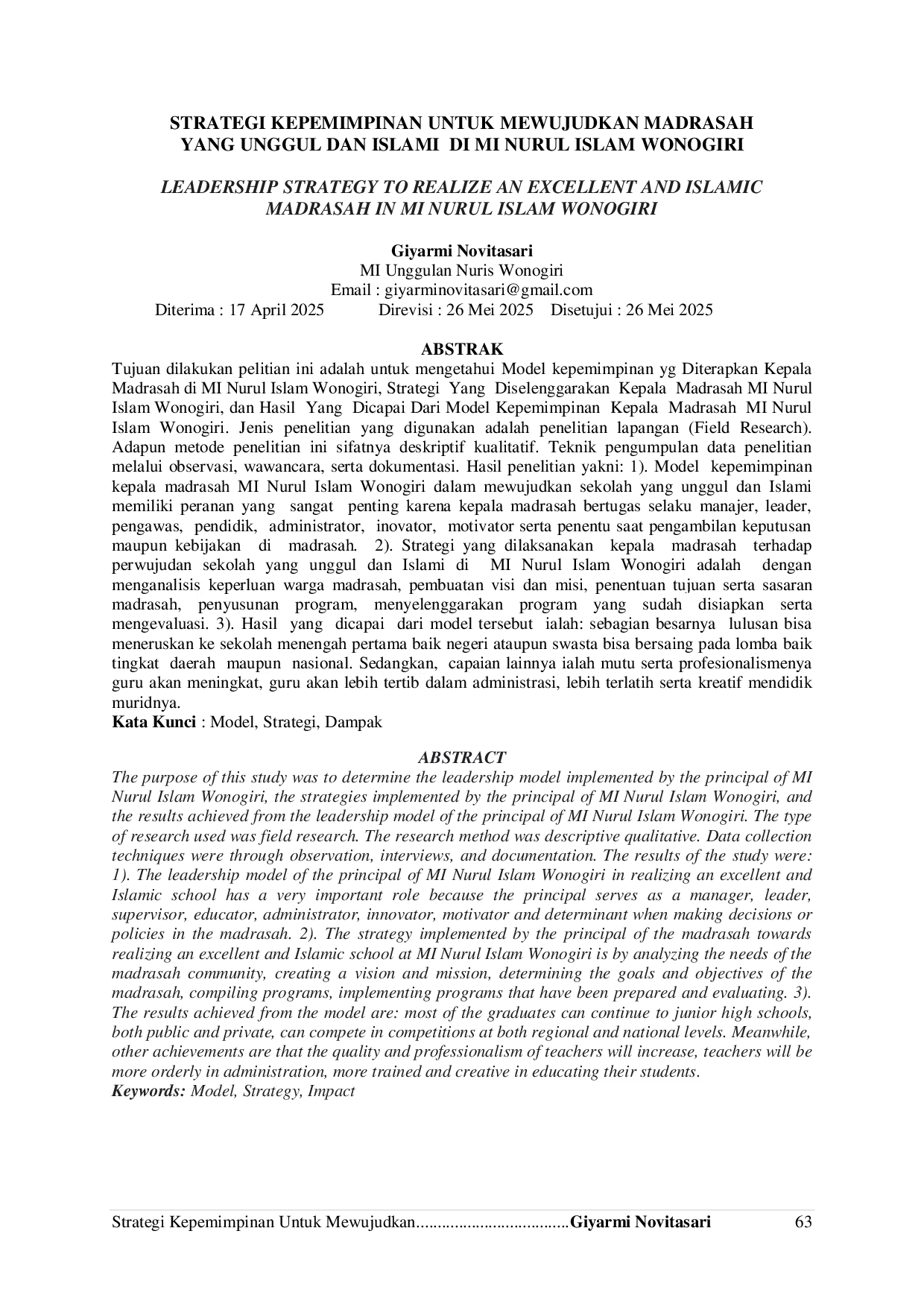 JURIS Strategi Kepemimpinan Untuk Mewujudkan Madrasah Yang Unggul Dan Islami Di Mi Nurul Islam Wonogiri