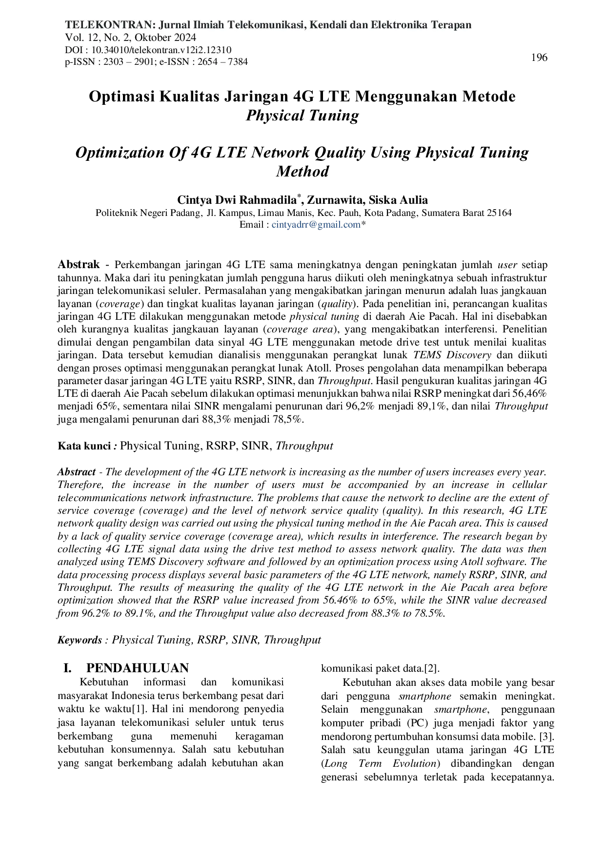 JURIS Optimasi Kualitas Jaringan 4g Lte Menggunakan Metode Physical Tuning