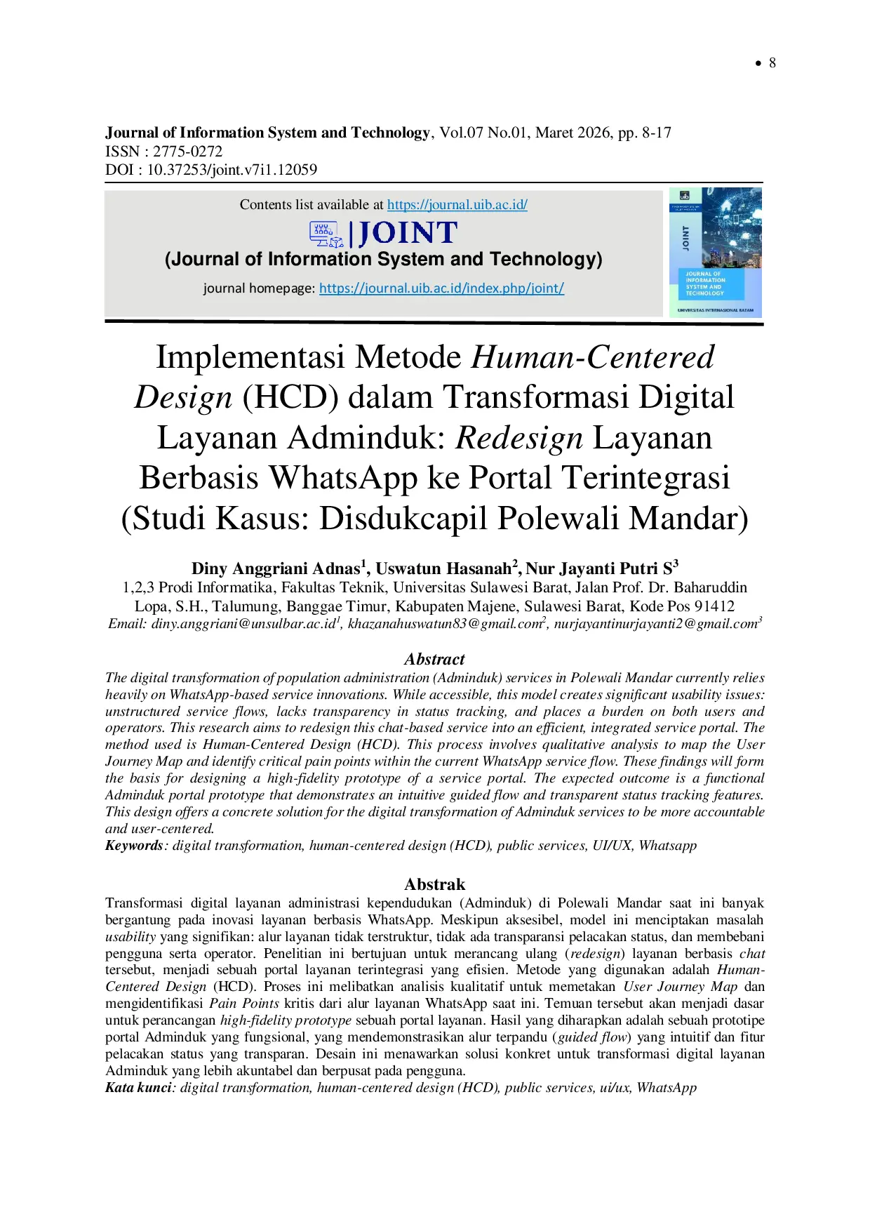 JURIS Implementasi Metode Human Centered Design HCD dalam Transformasi Digital Layanan Adminduk Redesign Layanan Berbasis WhatsApp ke Portal Terintegrasi Studi Kasus Disdukcapil Polewali Mandar