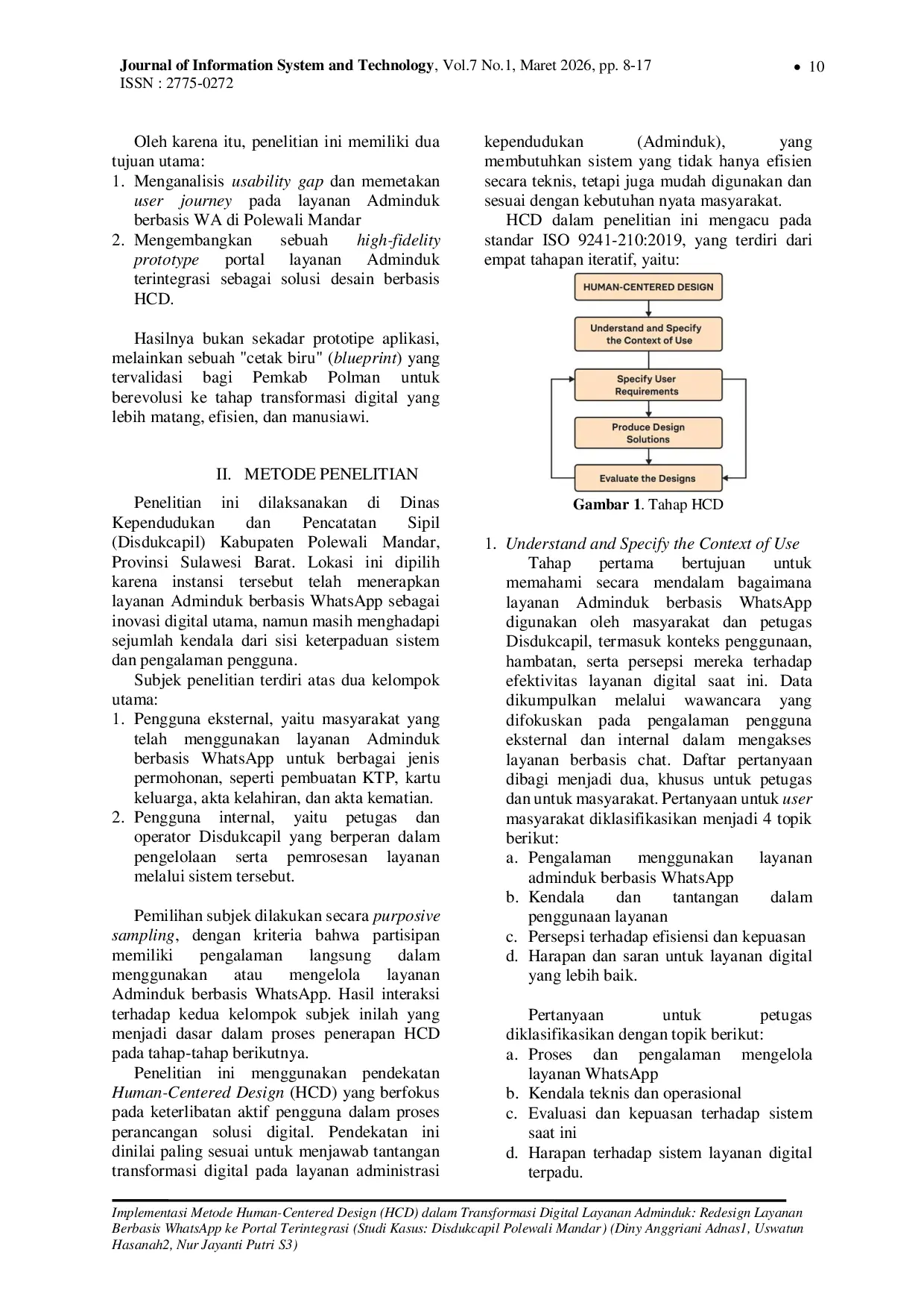 JURIS Implementasi Metode Human Centered Design HCD dalam Transformasi Digital Layanan Adminduk Redesign Layanan Berbasis WhatsApp ke Portal Terintegrasi Studi Kasus Disdukcapil Polewali Mandar