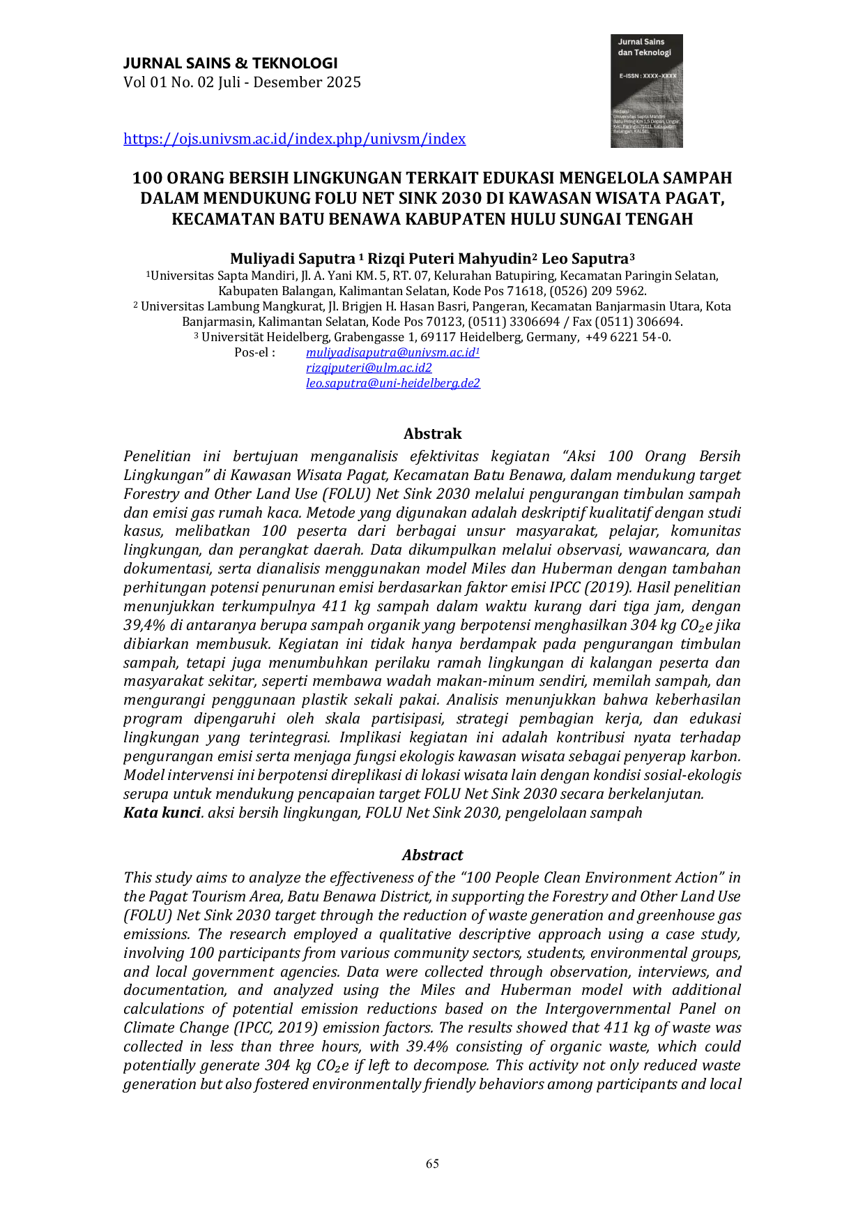 JURIS 100 Orang Bersih Lingkungan Terkait Edukasi Mengelola Sampah Dalam Mendukung FOLU Net Sink 2030 Di Kawasan Wisata Pagat Kecamatan Batu Benawa Kabupaten Hulu Sungai Tengah