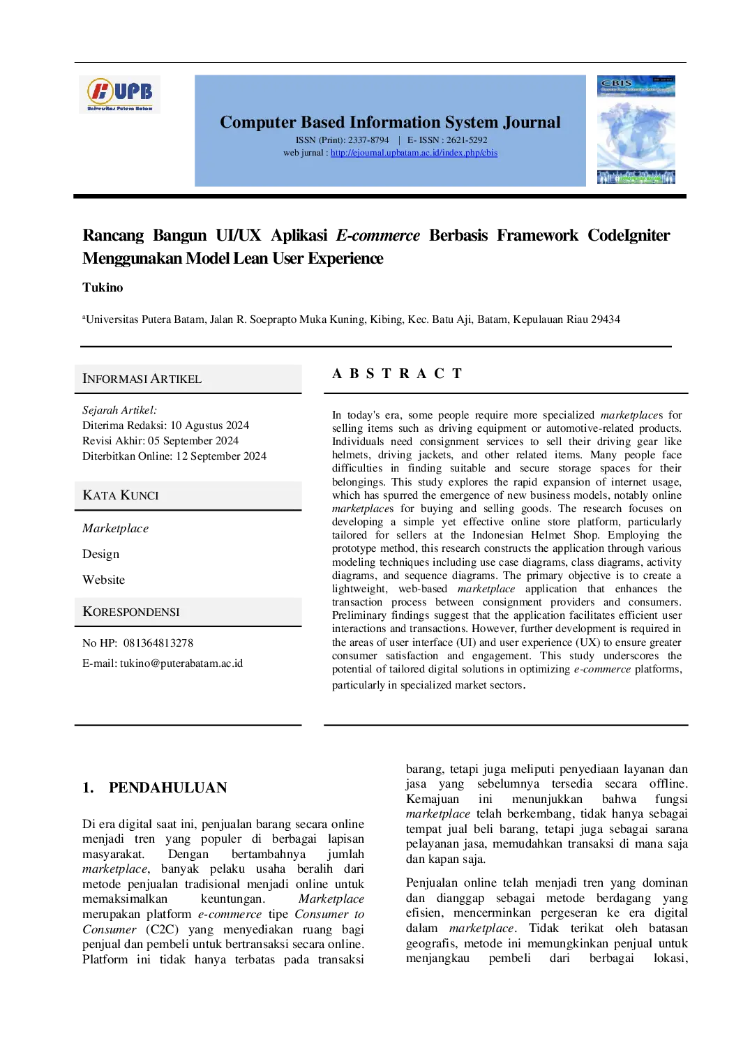 JURIS Rancang Bangun UI UX Aplikasi E commerce Berbasis Framework CodeIgniter Menggunakan Model Lean User Experience