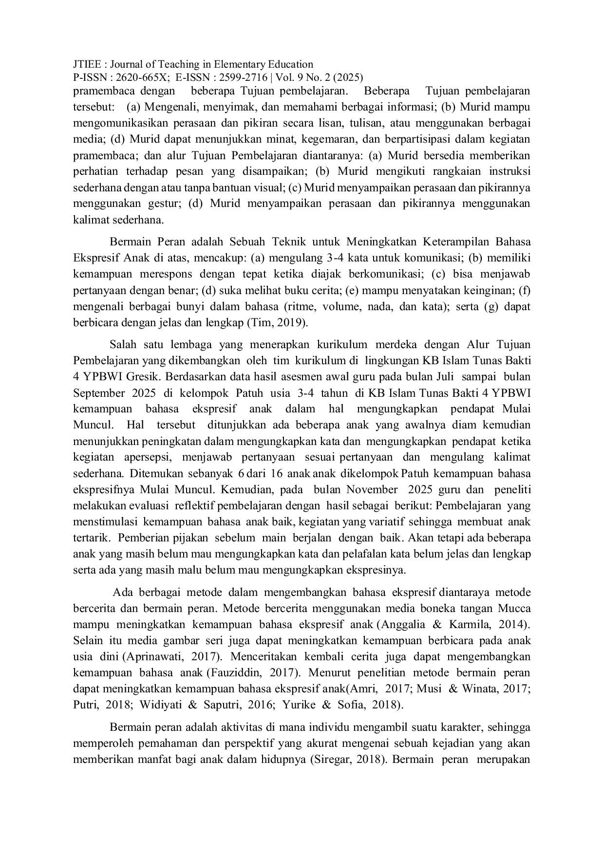 JURIS Meningkatkan Bahasa Ekspresif Anak melalui metode Bermain Peran pada Anak Usia 3 4 Tahun