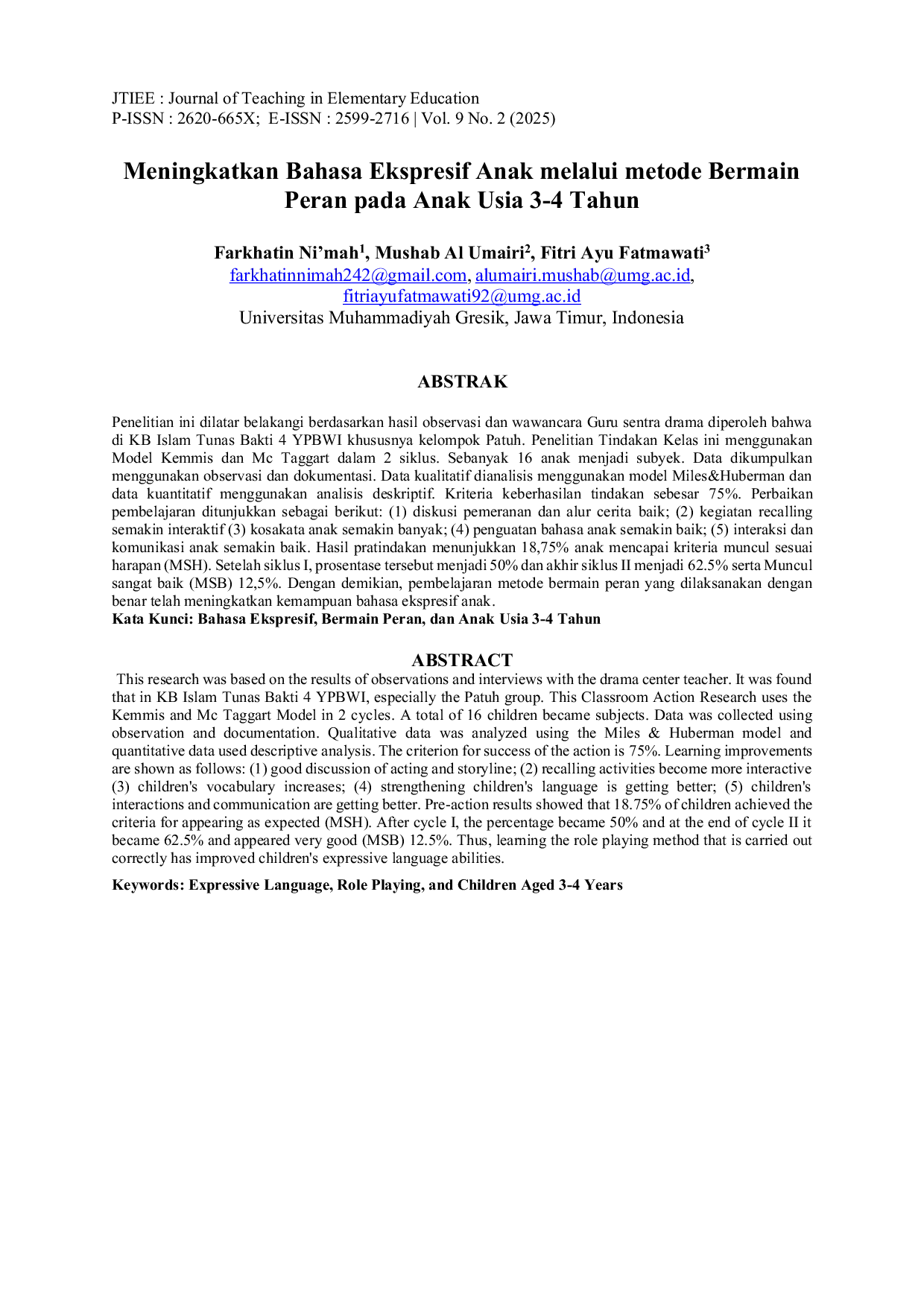 JURIS Meningkatkan Bahasa Ekspresif Anak melalui metode Bermain Peran pada Anak Usia 3 4 Tahun