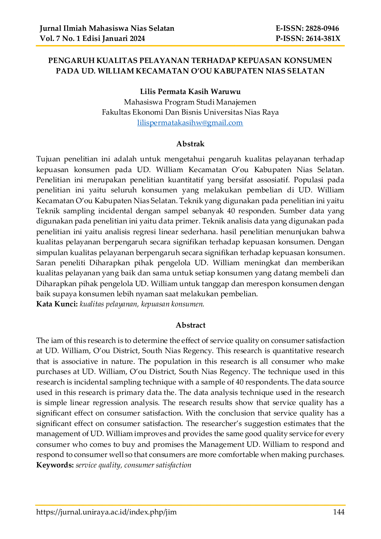 JURIS Pengaruh Kualitas Pelayanan Terhadap Kepuasan Konsumen Pada UD William Kecamatan O ou Kabupaten Nias Selatan