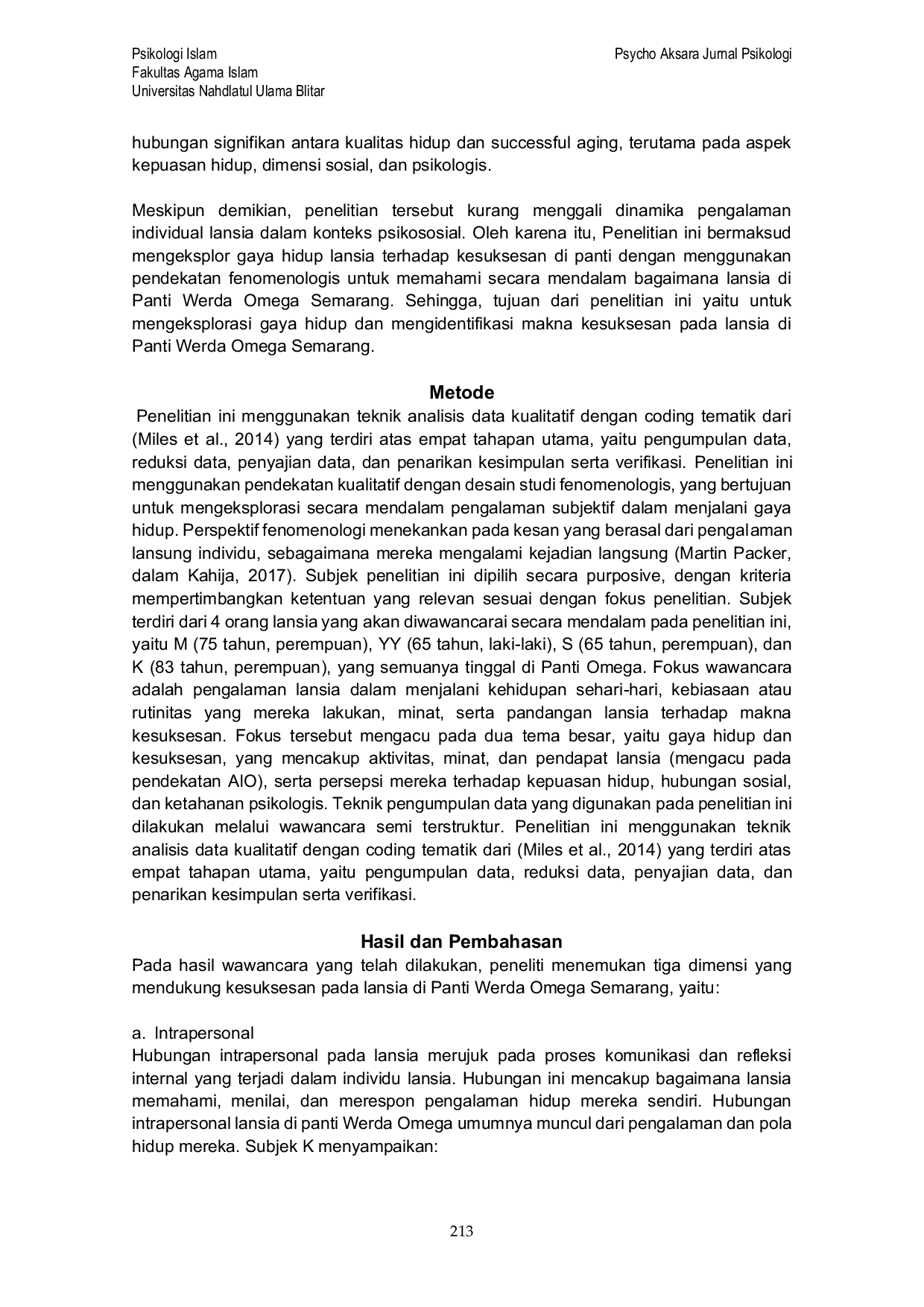 JURIS Eksplorasi Gaya Hidup Terhadap Kesuksesan pada Lansia di Panti Werda Omega Semarang