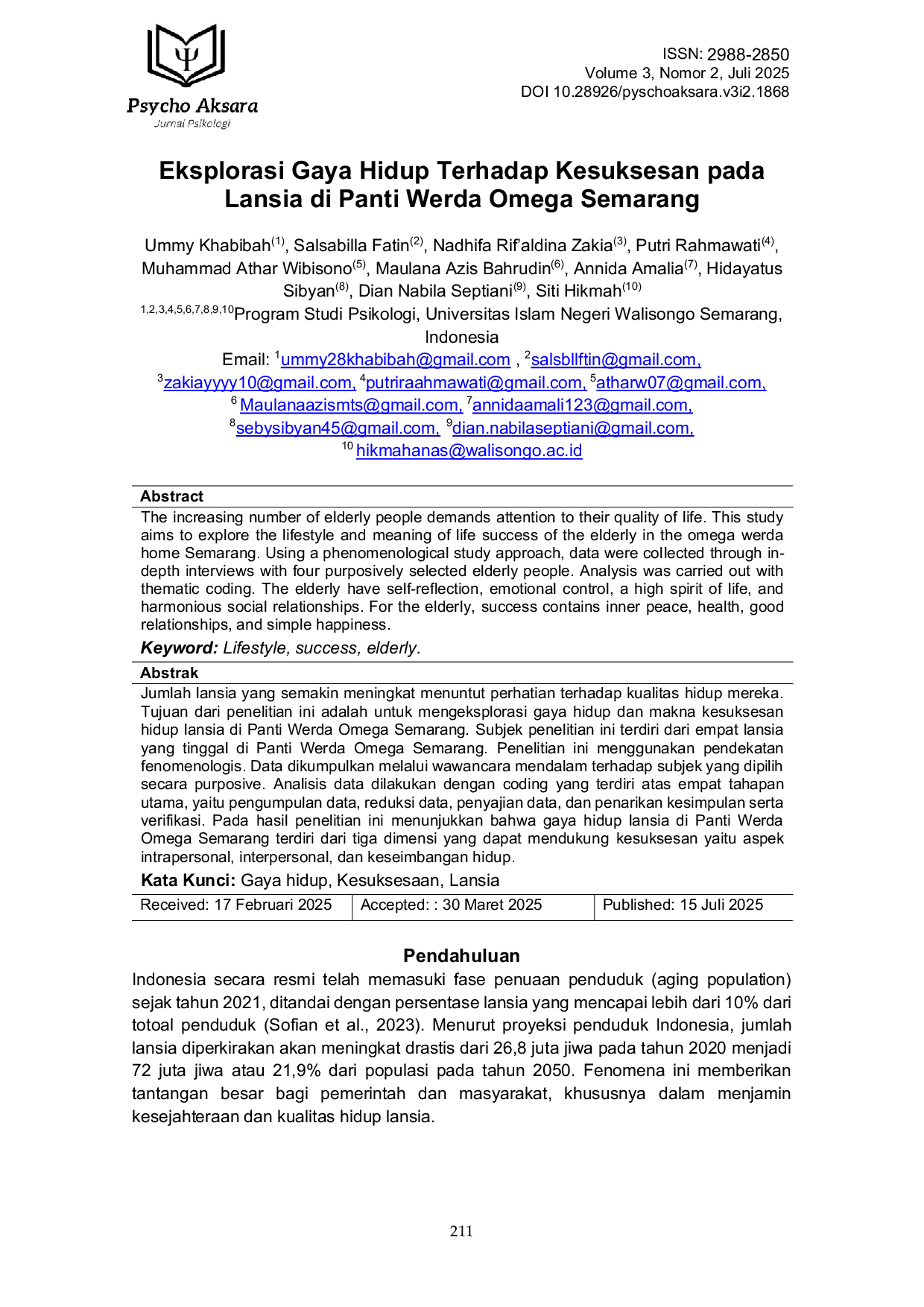 JURIS Eksplorasi Gaya Hidup Terhadap Kesuksesan pada Lansia di Panti Werda Omega Semarang