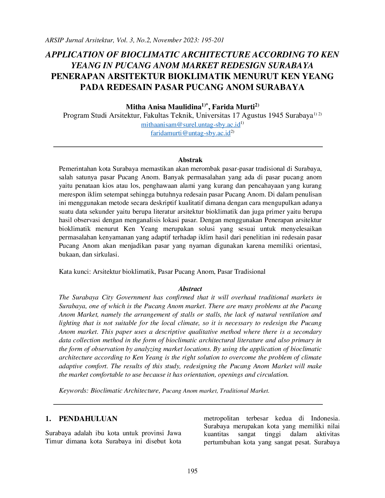 juris Penerapan Arsitektur Bioklimatik Menurut Ken Yeang Pada Redesain Pasar Pucang Anom Surabaya