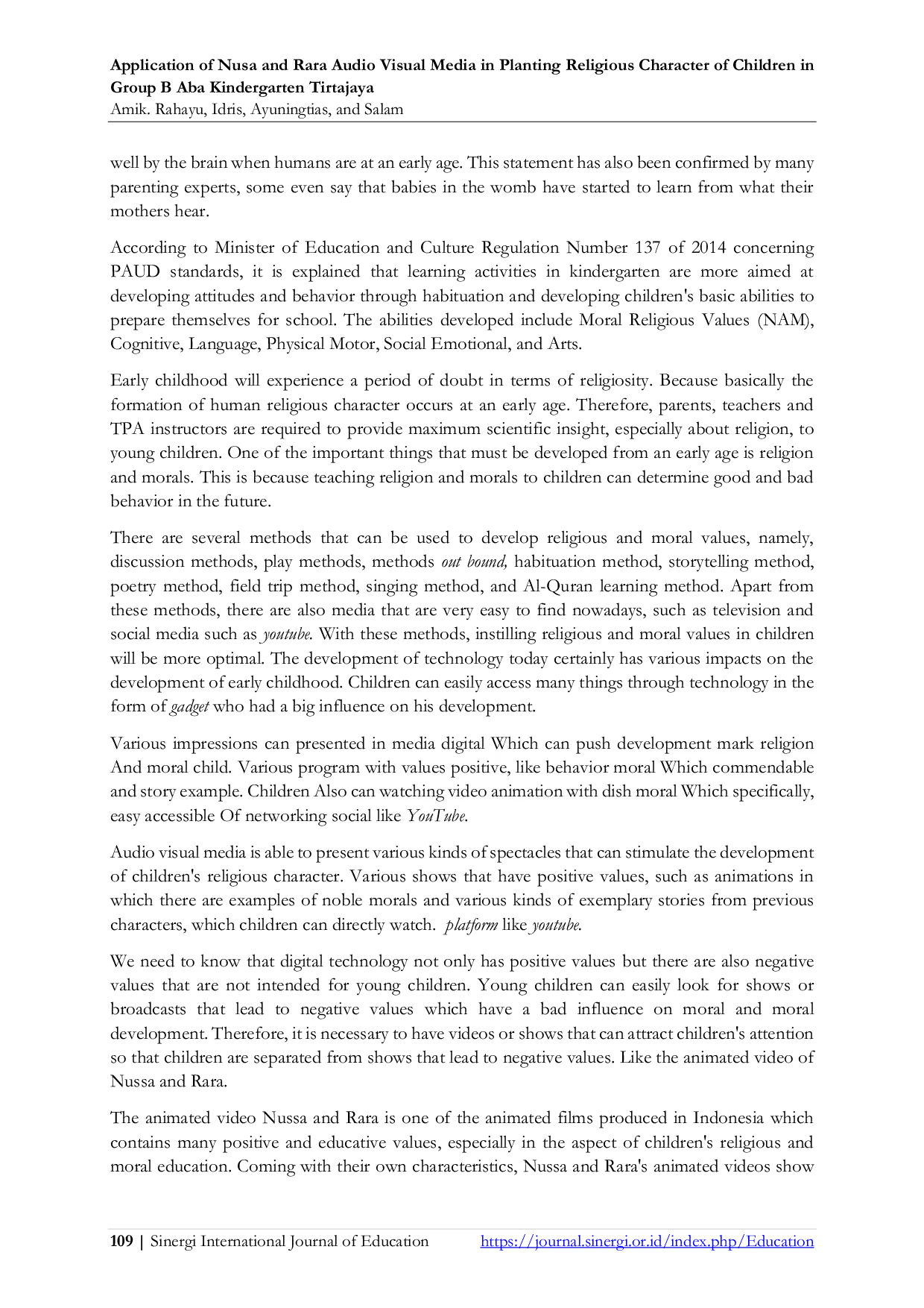 JURIS Application of Nusa and Rara Audio Visual Media in Planting Religious Character of Children in Group B Aba KindergartenTirtajaya