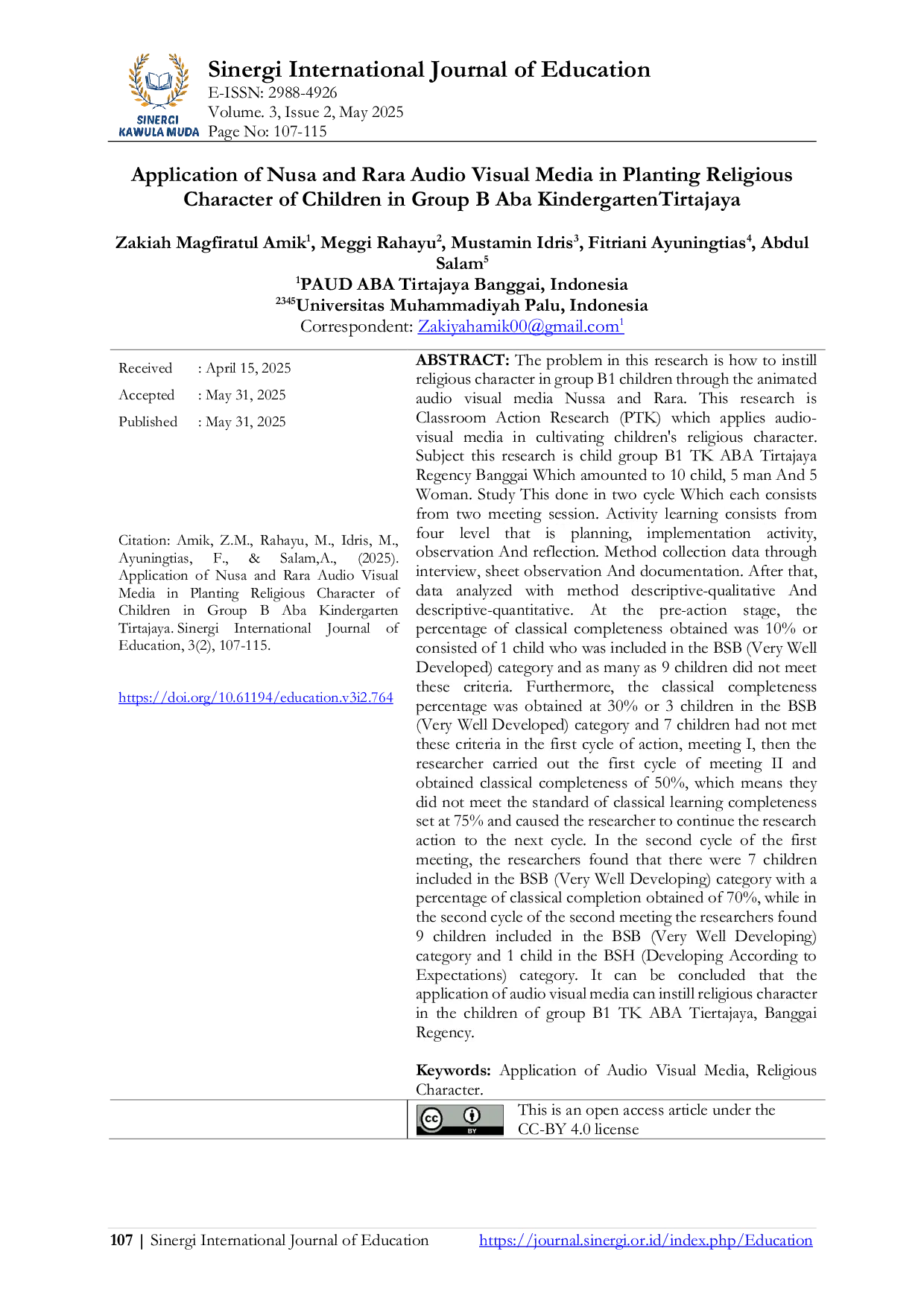 JURIS Application of Nusa and Rara Audio Visual Media in Planting Religious Character of Children in Group B Aba KindergartenTirtajaya