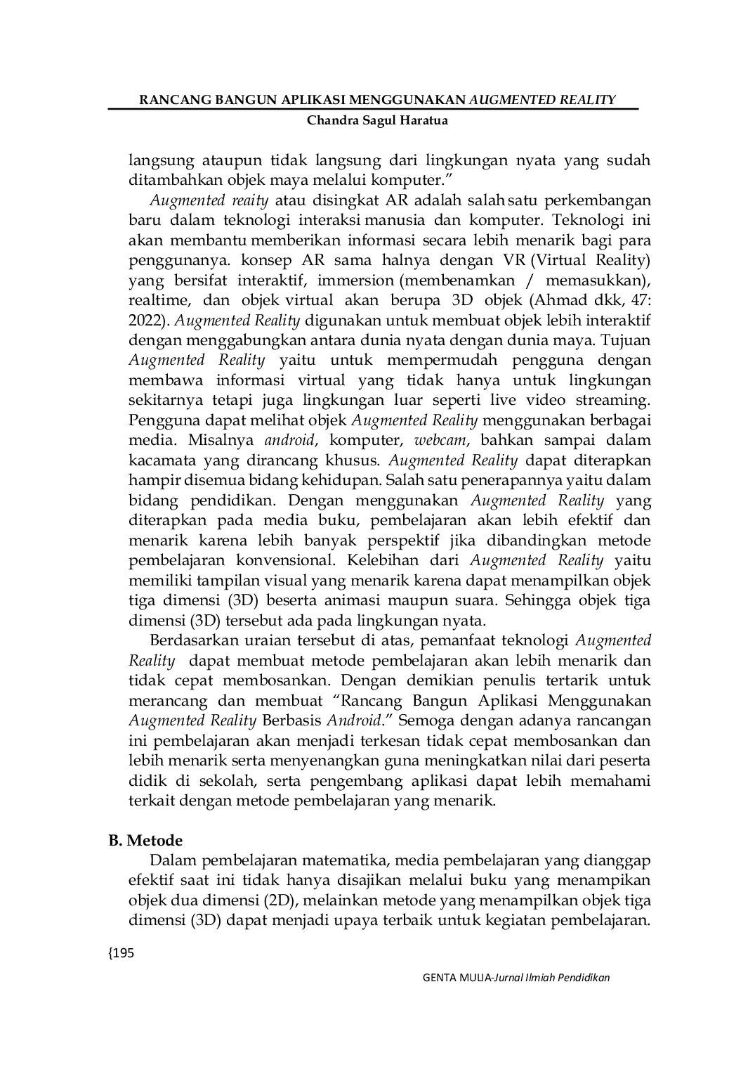 JURIS Rancang Bangun Aplikasi Menggunakan Augmented Reality Berbasis Android Dalam Meningkatkan Kompetensi Mengajar Guru Mata Pelajaran Geometri Matematika