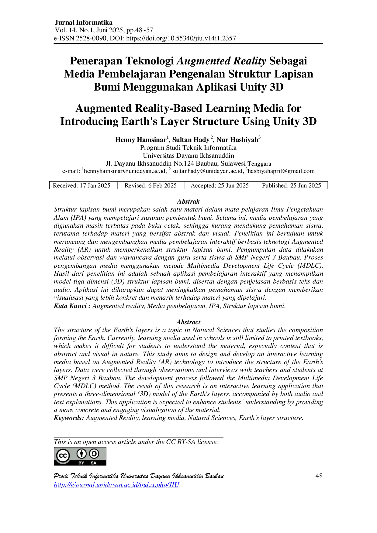 JURIS Penerapan Teknologi Augmented Reality Sebagai Media Pembelajaran Pengenalan Struktur Lapisan Bumi Menggunakan Aplikasi Unity 3D