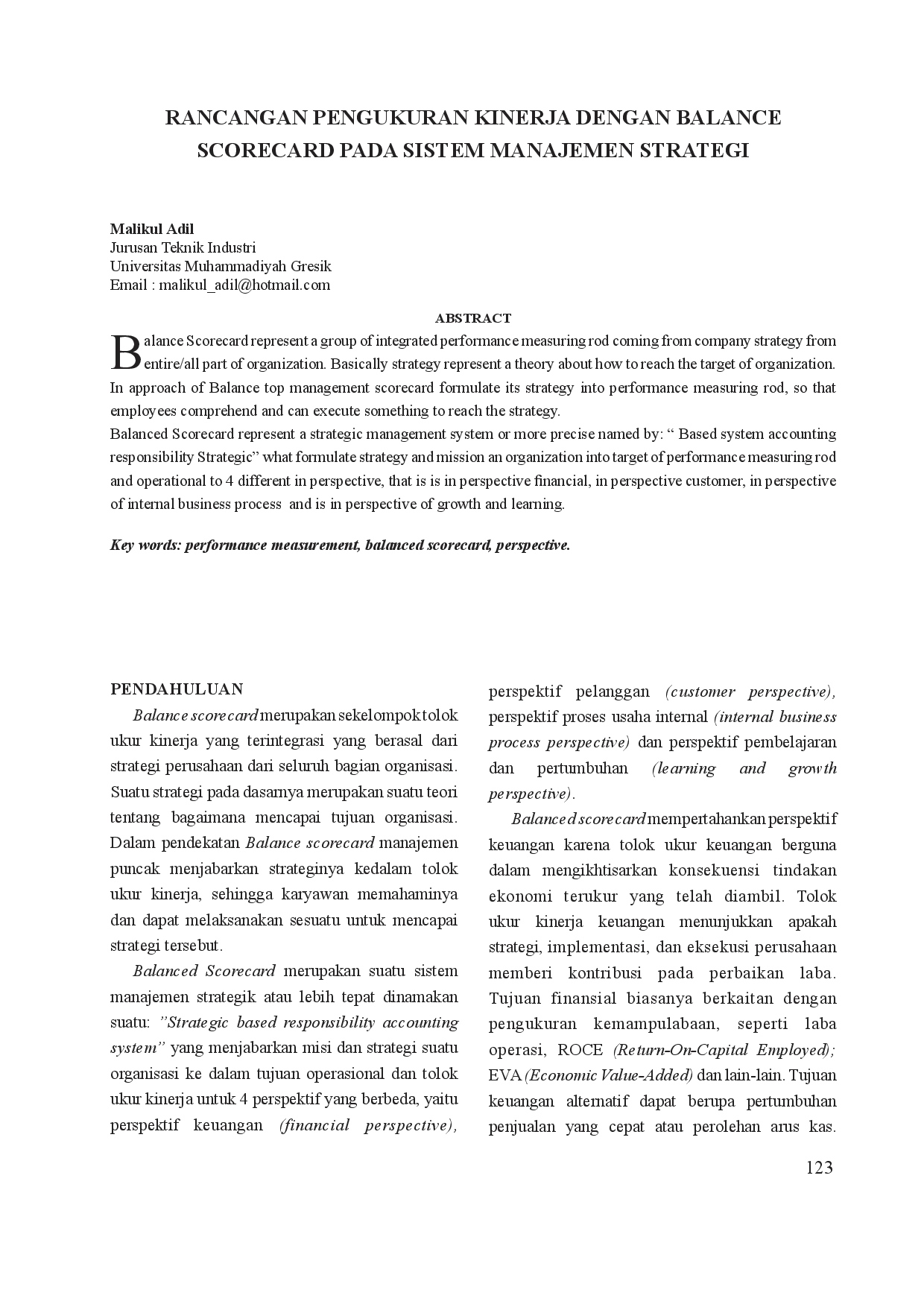 juris Rancangan Pengukuran Kinerja Dengan Balanced Scorecard Pada Sistem Manajemen Strategi