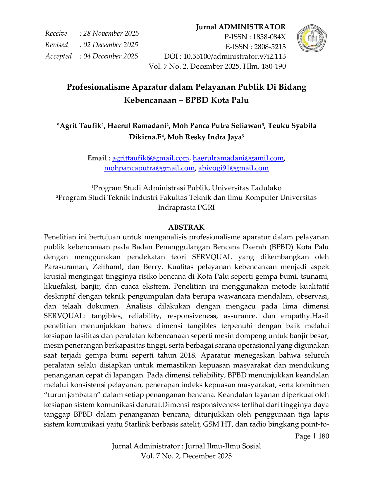 JURIS Profesionalisme Aparatur dalam Pelayanan Publik Di Bidang Kebencanaan BPBD Kota Palu