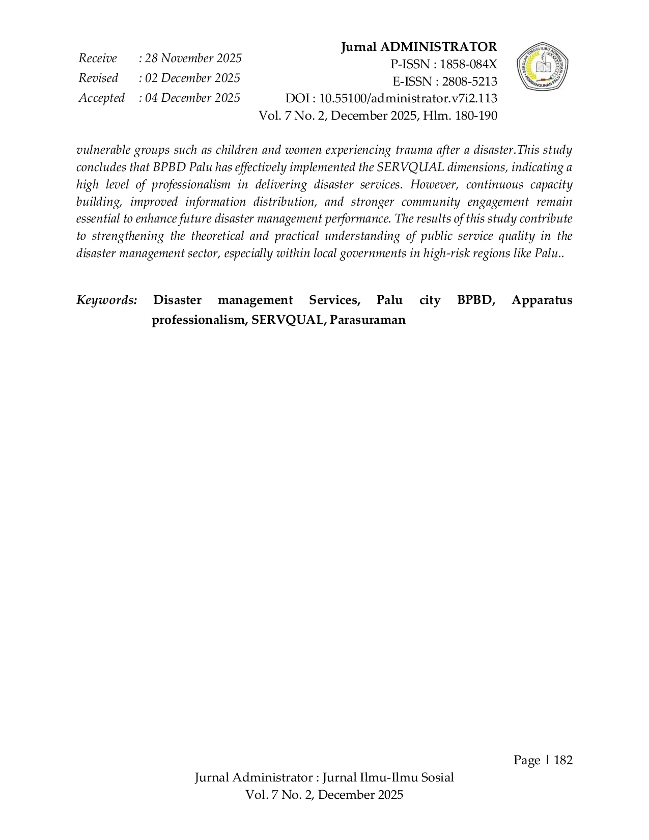 JURIS Profesionalisme Aparatur dalam Pelayanan Publik Di Bidang Kebencanaan BPBD Kota Palu
