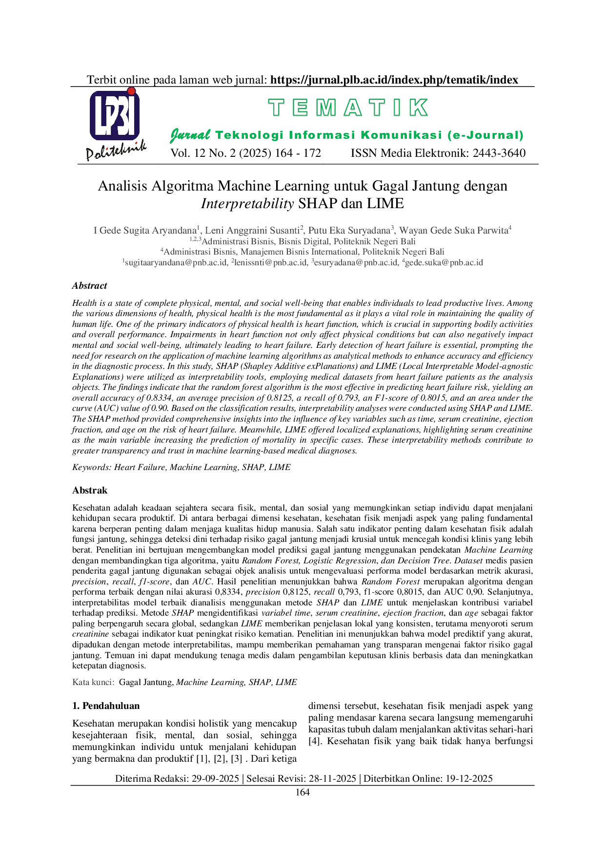 JURIS Analisis Algoritma Machine Learning untuk Gagal Jantung dengan Interpretability SHAP dan LIME