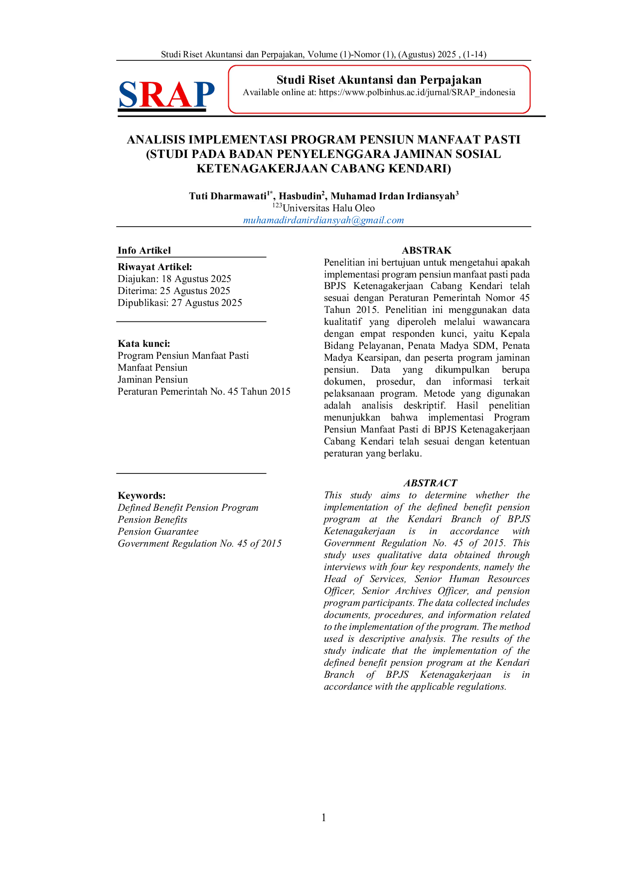 JURIS Analisis Implementasi Program Pensiun Manfaat Pasti Studi Pada Badan Penyelenggara Jaminan Sosial Ketenagakerjaan Cabang Kendari