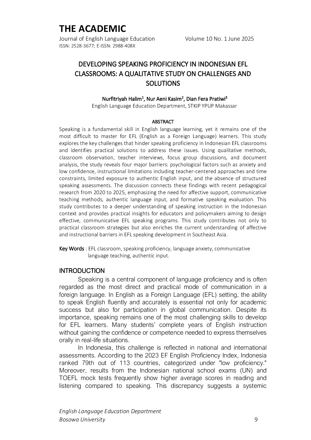 JURIS Developing Speaking Proficiency in Indonesian EFL Classrooms A Qualitative Study on Challenges and Solutions