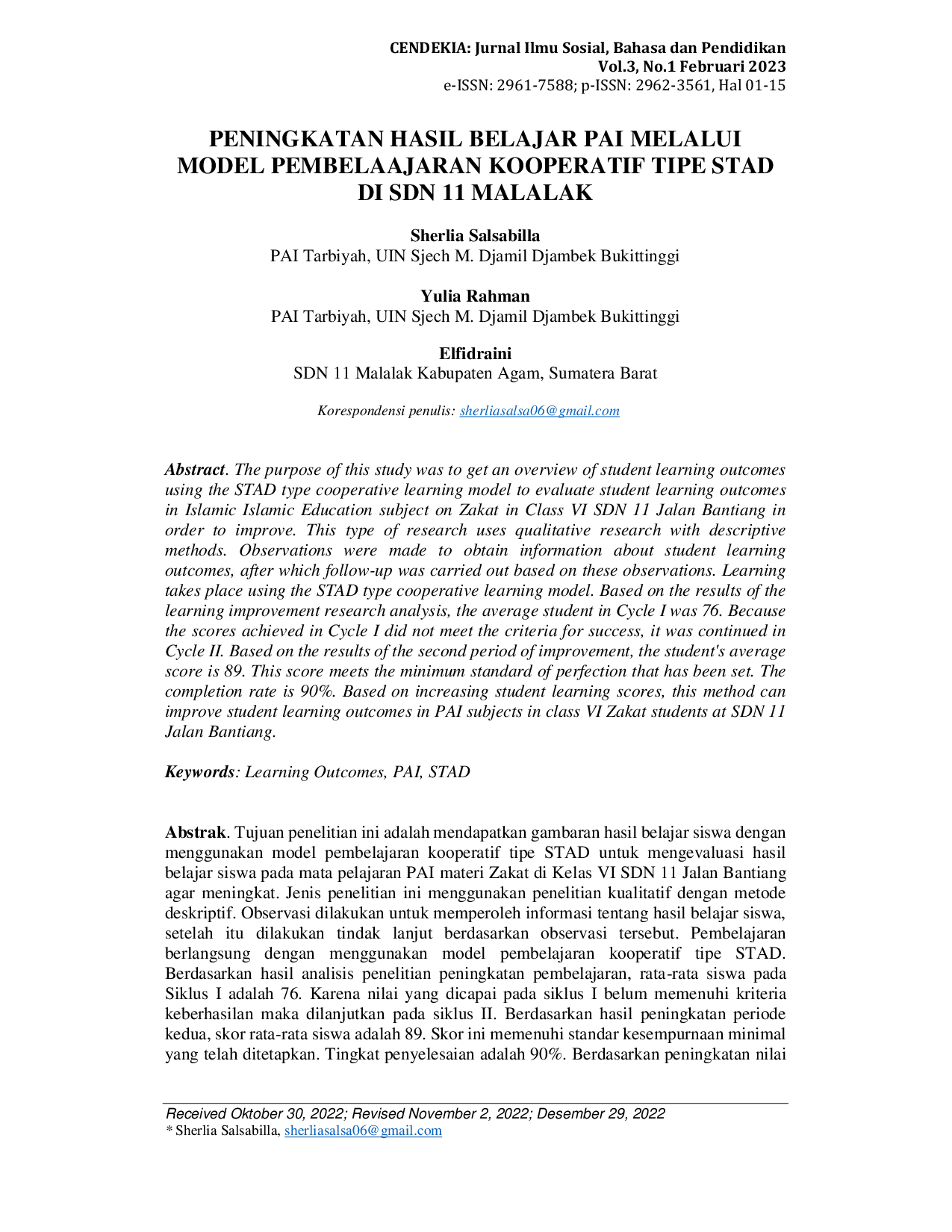 JURIS PENINGKATAN HASIL BELAJAR PAI MELALUI MODEL PEMBELAAJARAN KOOPERATIF TIPE STAD DI SDN 11 MALALAK
