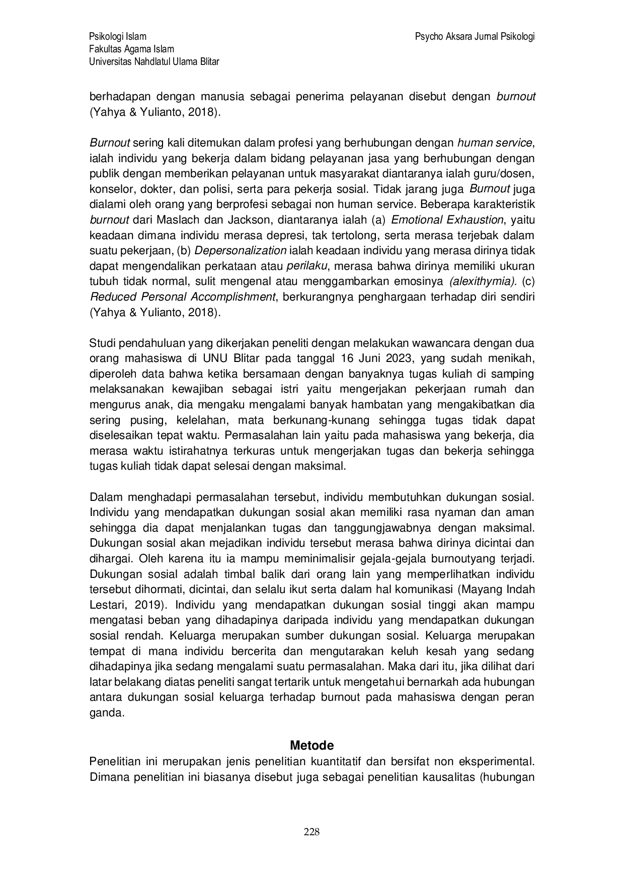 JURIS Hubungan Dukungan Sosial Keluarga terhadap Burnout Mahasiswa dengan Peran Ganda