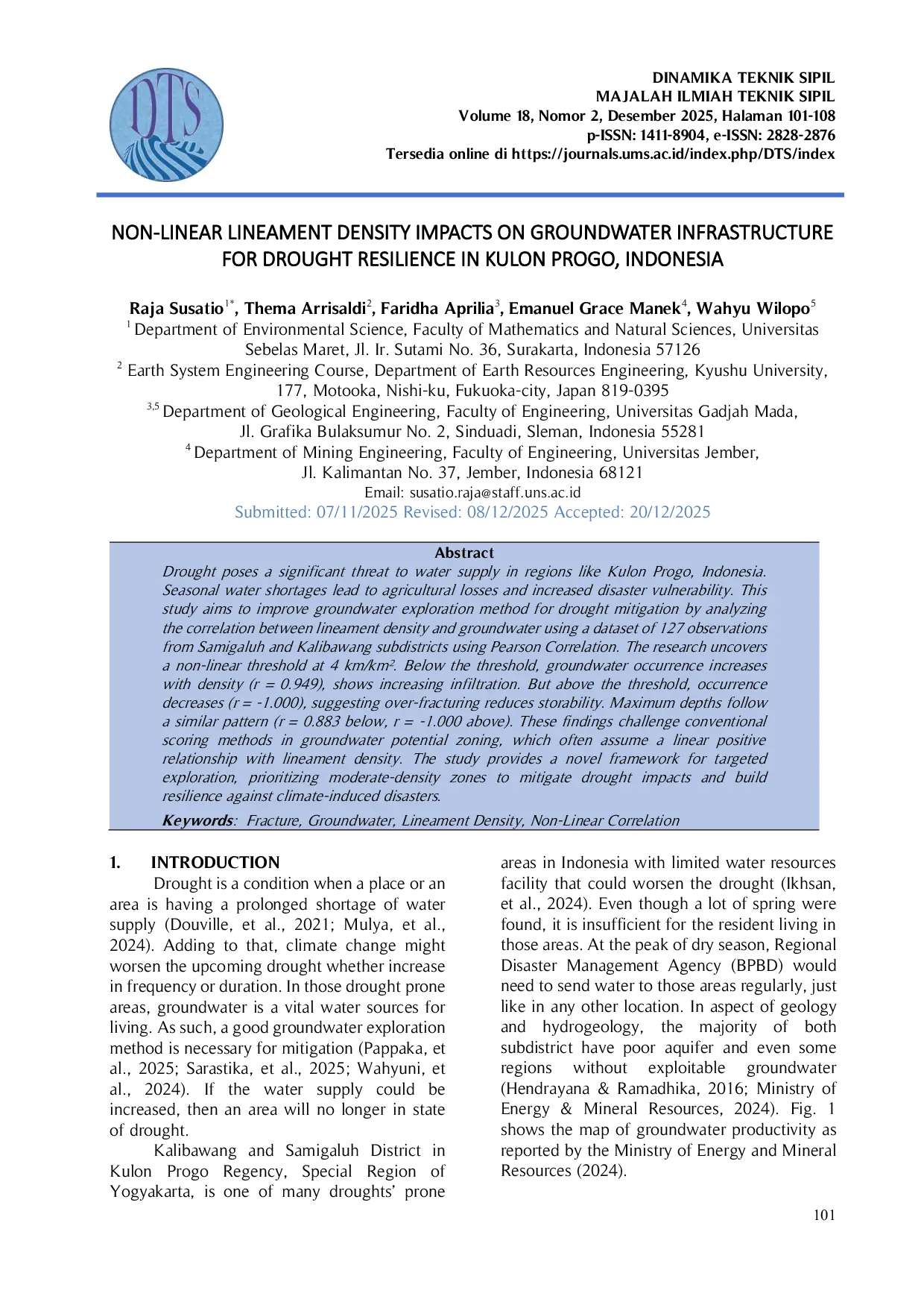 JURIS Non Linear Lineament Density Impacts on Groundwater Infrastructure for Drought Resilience in Kulon Progo Indonesia