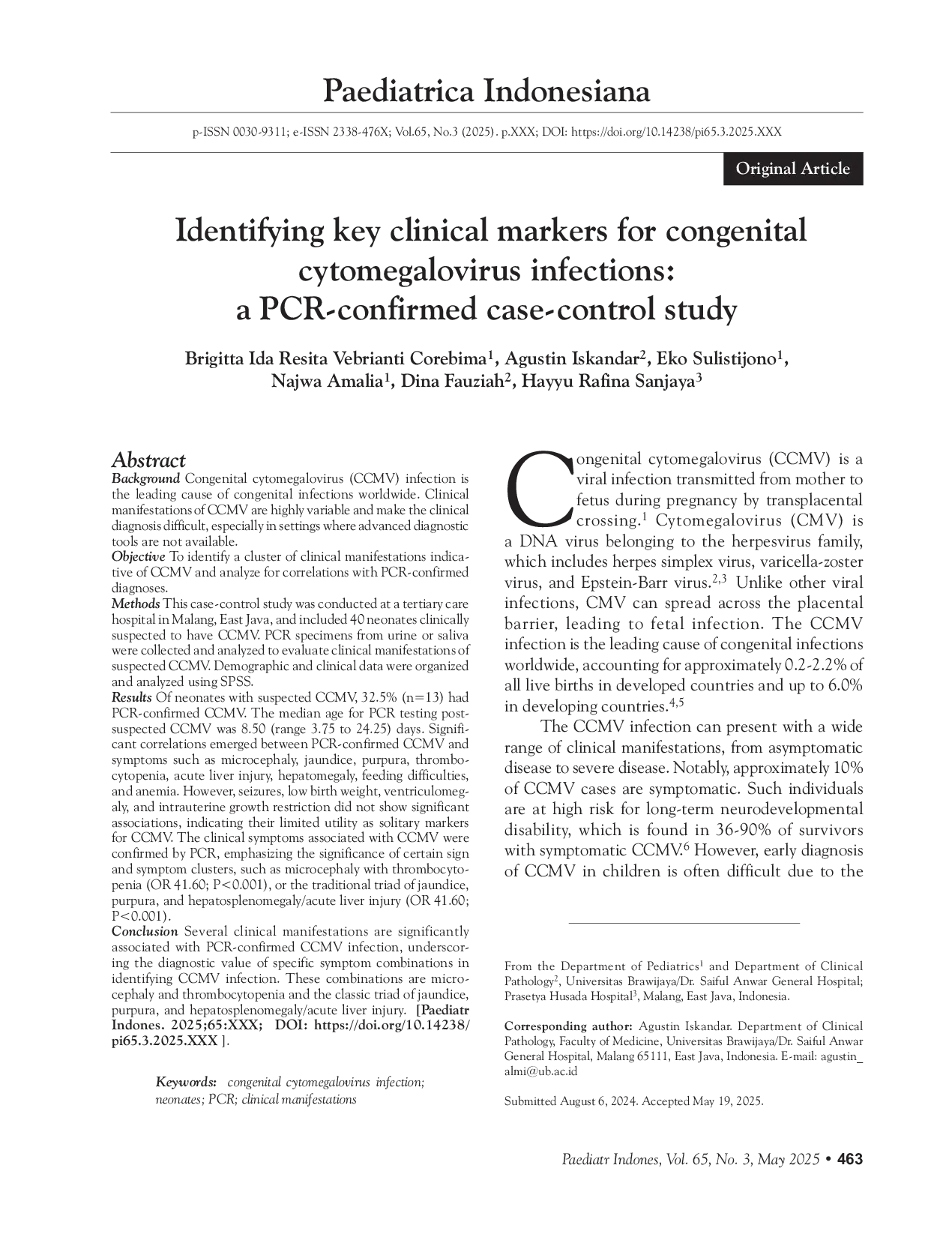 JURIS Identifying key clinical markers for congenital cytomegalovirus infections a PCR confirmed case control study