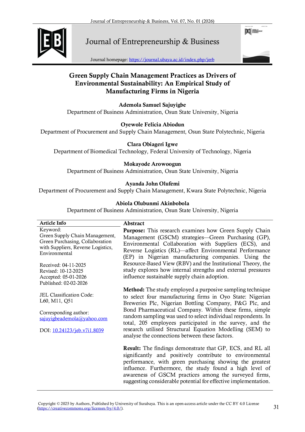 JURIS Green Supply Chain Management Practices as Drivers of Environmental Sustainability An Empirical Study of Manufacturing Firms in Nigeria