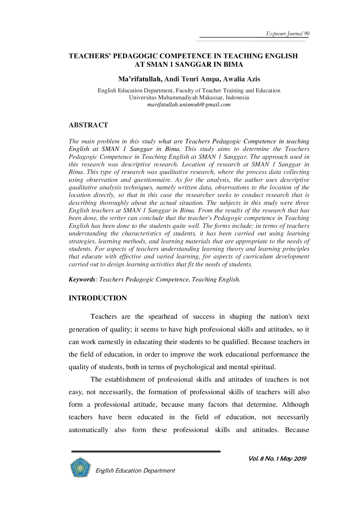 JURIS Teachers Pedagogic Competence in Teaching English at SMAN 1 Sanggar in Bima