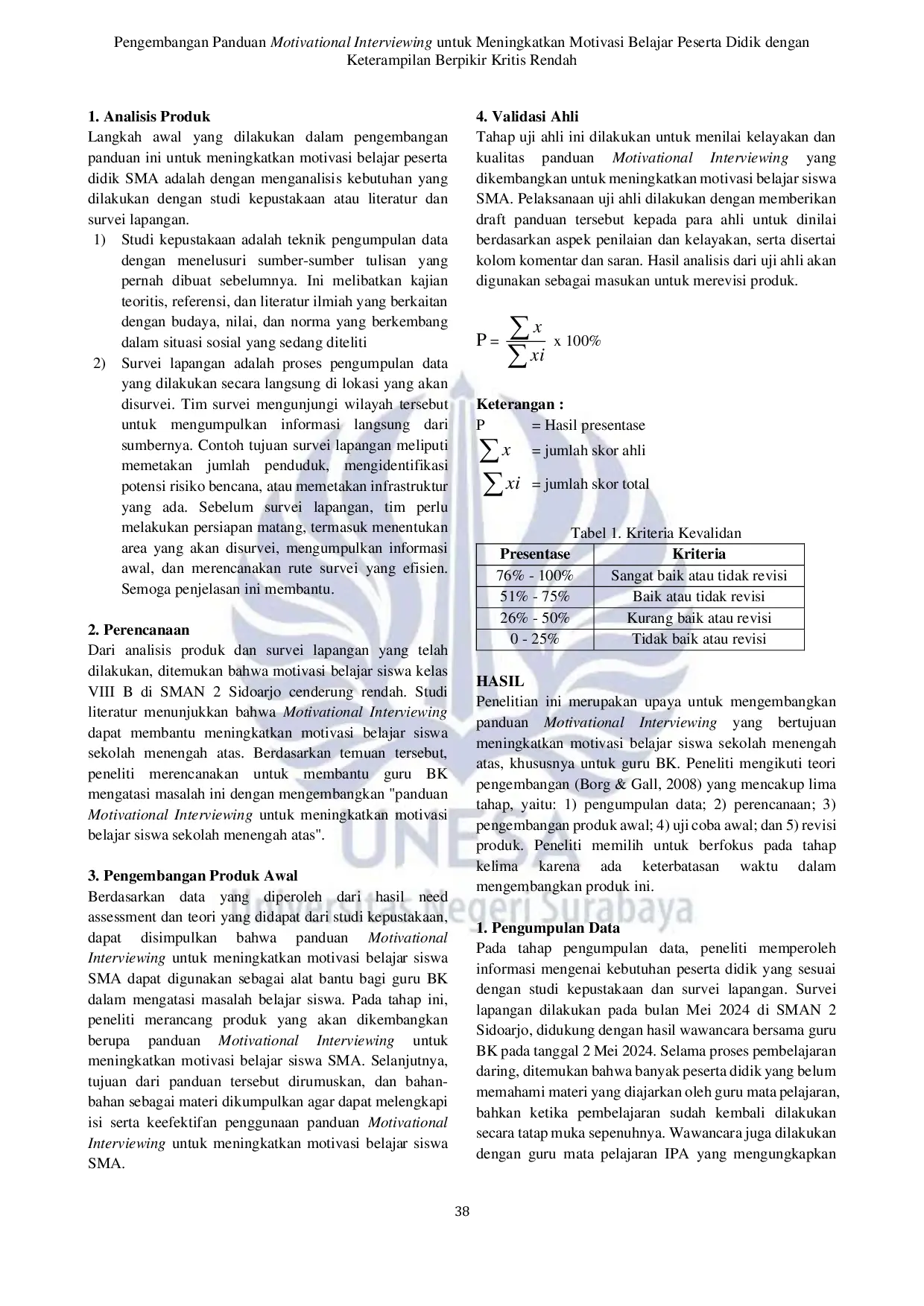 JURIS Pengembangan Panduan Motivational Interviewing Untuk Meningkatkan Motivasi Belajar Peserta Didik Dengan Keterampilan Berpikir Kritis Rendah