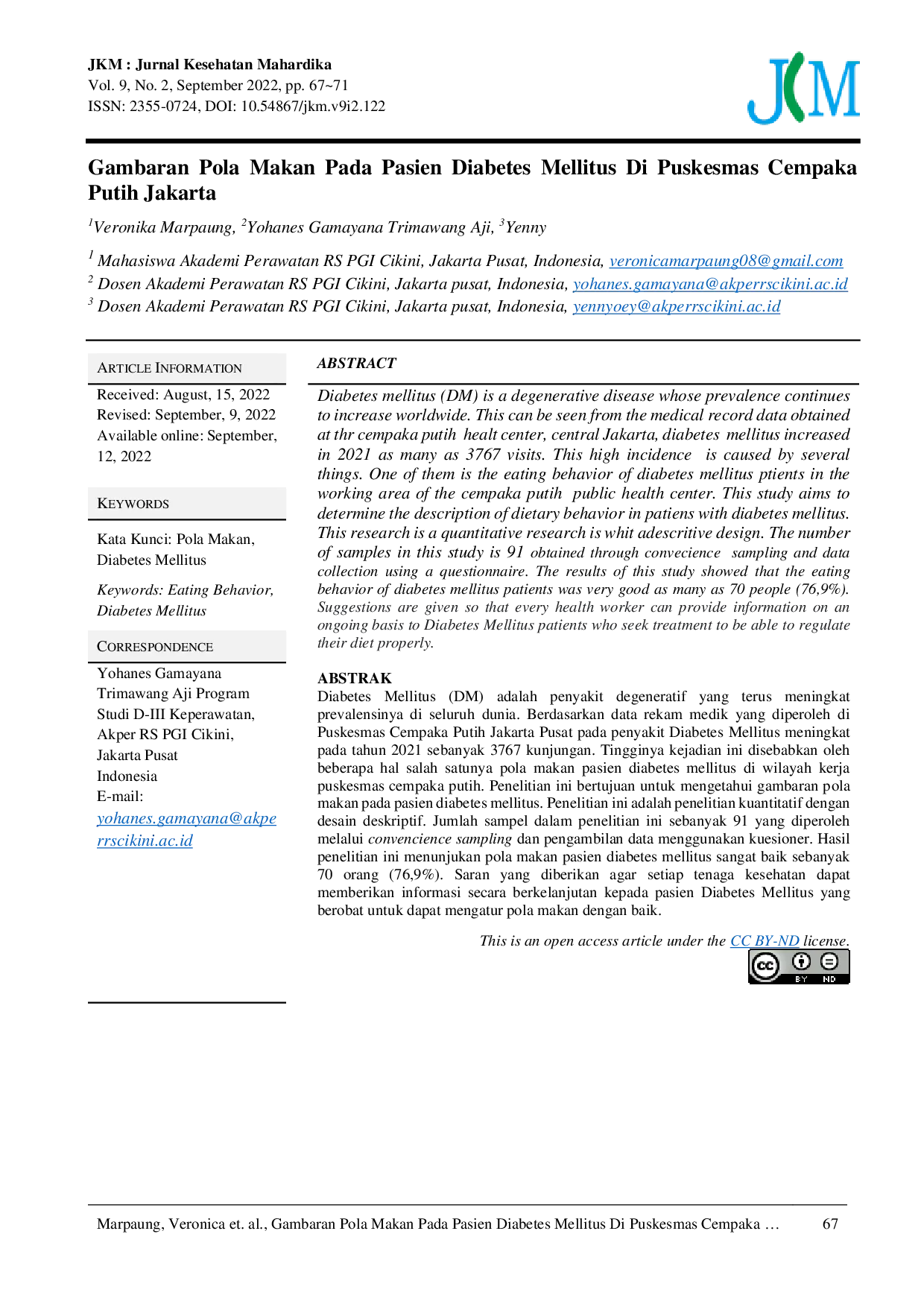 JURIS Gambaran Pola Makan Pada Pasien Diabetes Mellitus Di Puskesmas Cempaka Putih Jakarta