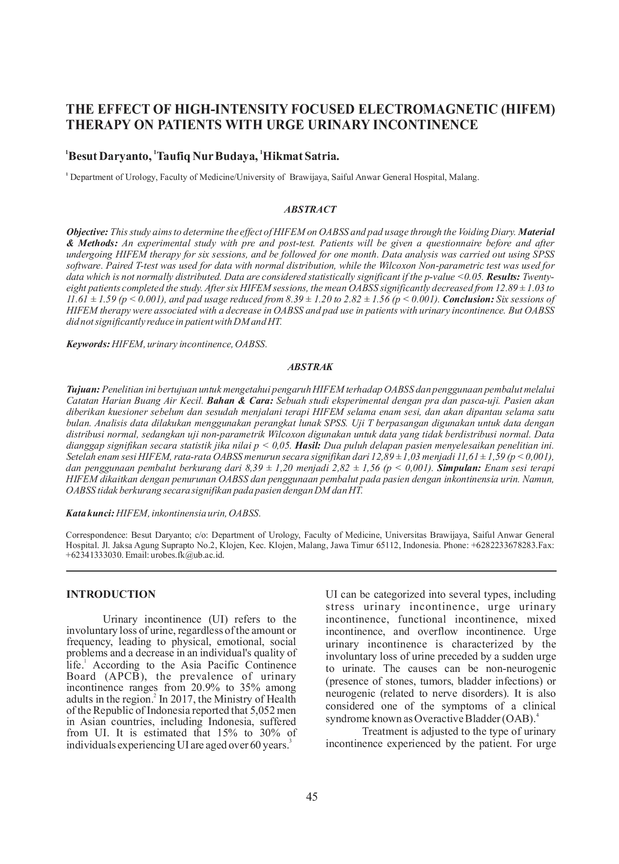JURIS The Effect of High Intensity Focused Electromagnetic HIFEM Therapy on Patients with Urge Urinary Incontinence